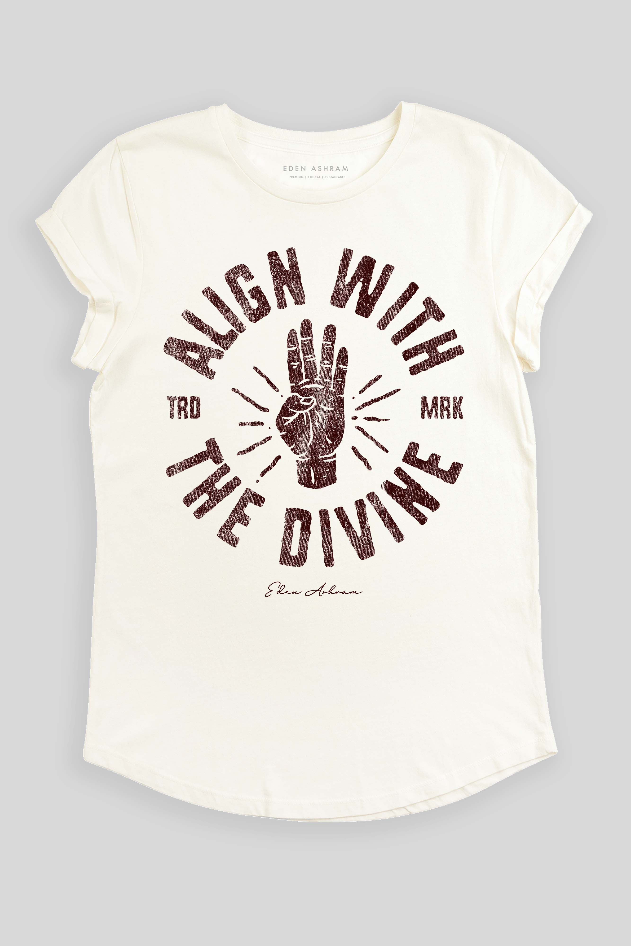 Eden Ashram Align With The Divine Premium Rolled Sleeve T-Shirt Stonewash White