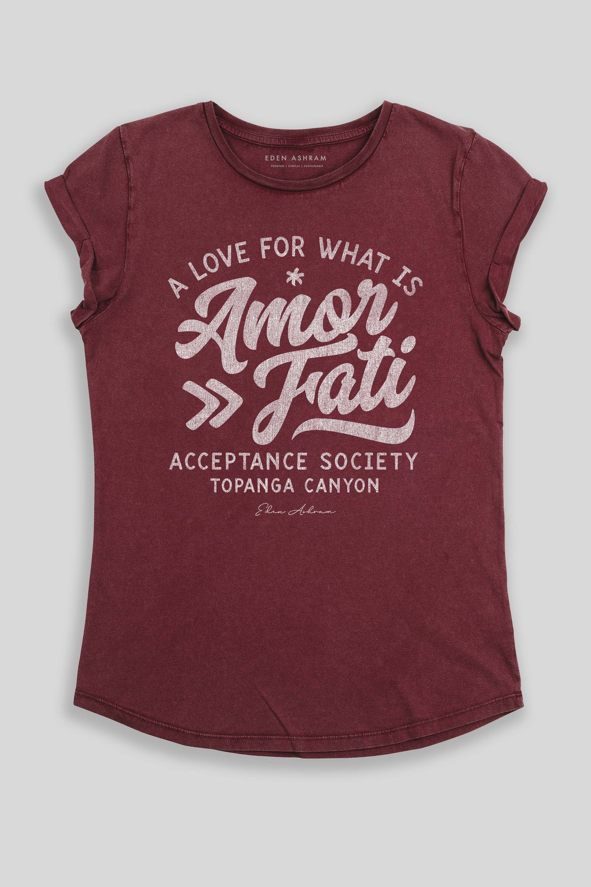 Eden Ashram Amor Fati Premium Rolled Sleeve T-Shirt Stonewash Burgundy
