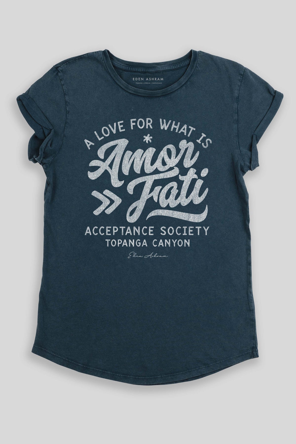 Eden Ashram Amor Fati Premium Rolled Sleeve T-Shirt Stonewash Denim