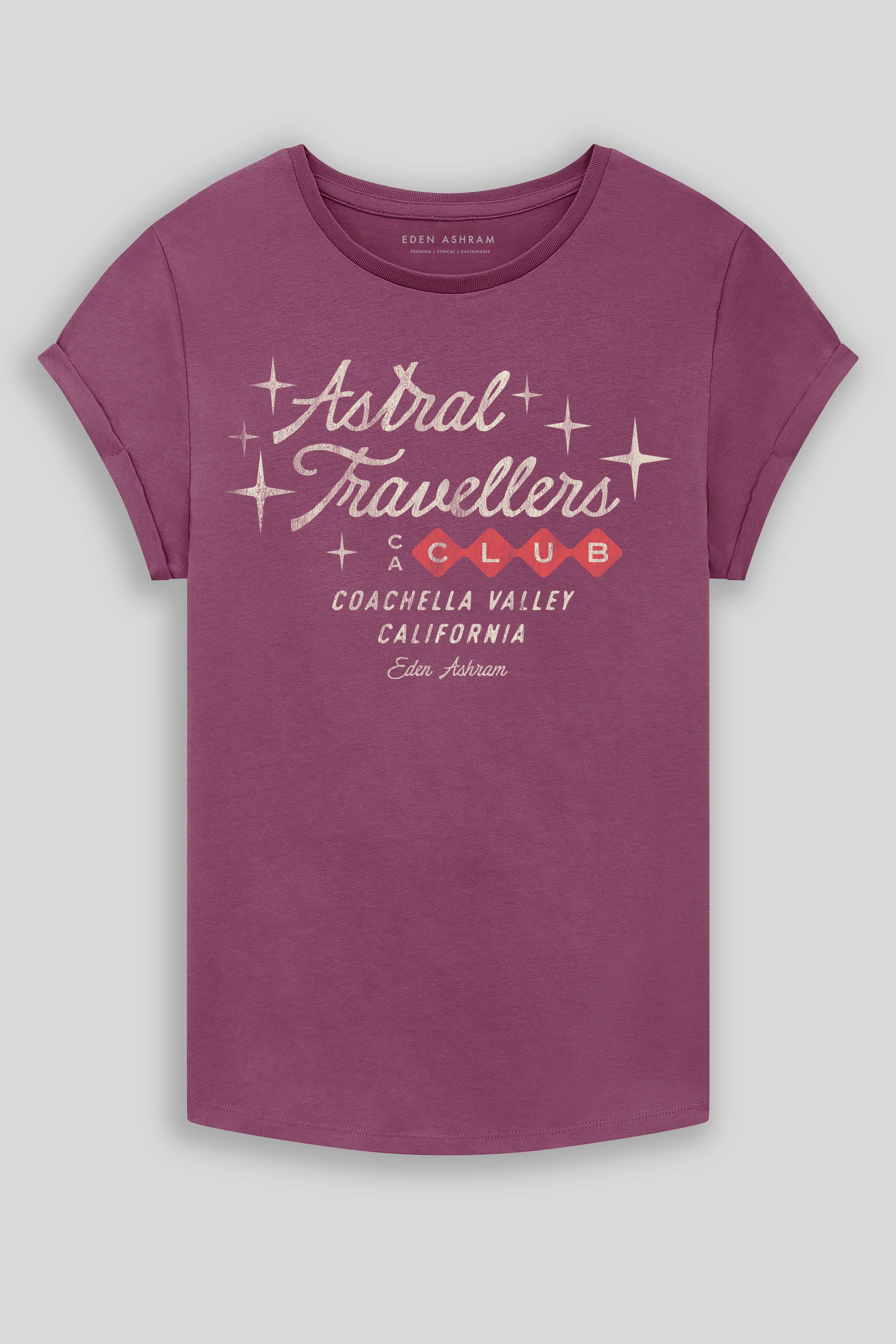 Eden Ashram Astral Travellers Club Premium Rolled Sleeve T-Shirt Faded Burgundy