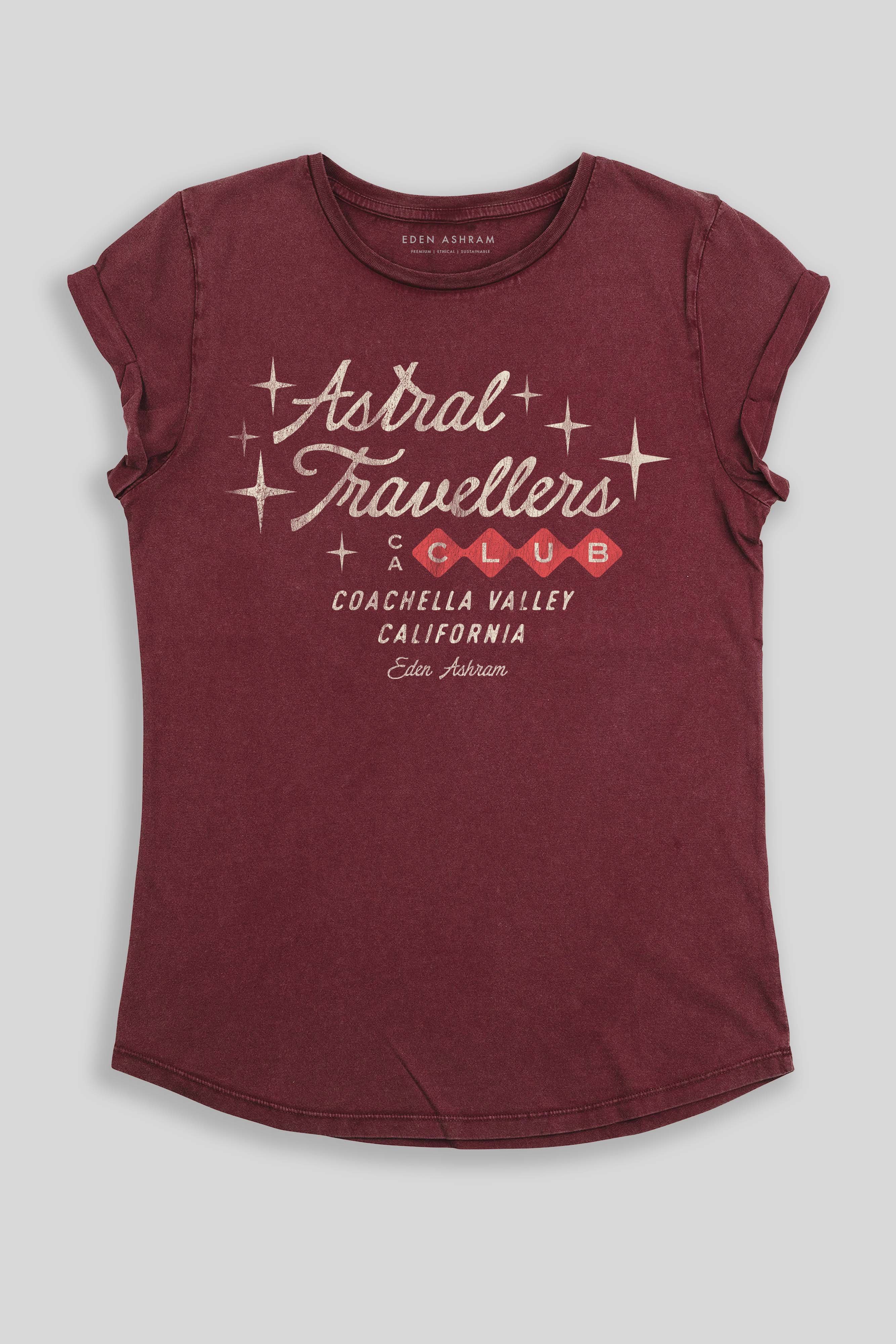 Eden Ashram Astral Travellers Club Premium Rolled Sleeve T-Shirt Stonewash Burgundy