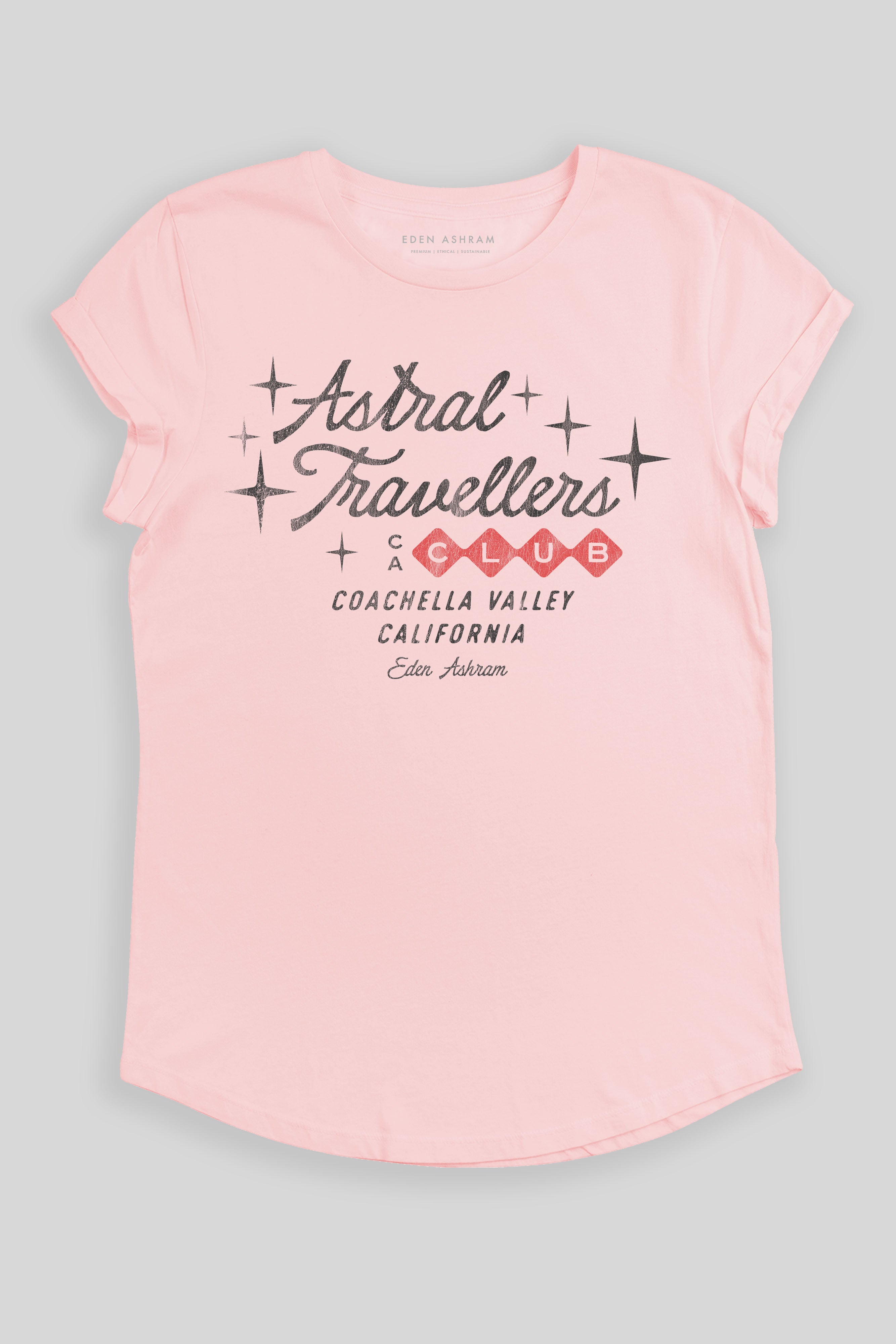 Eden Ashram Astral Travellers Club Premium Rolled Sleeve T-Shirt Stonewash Pink