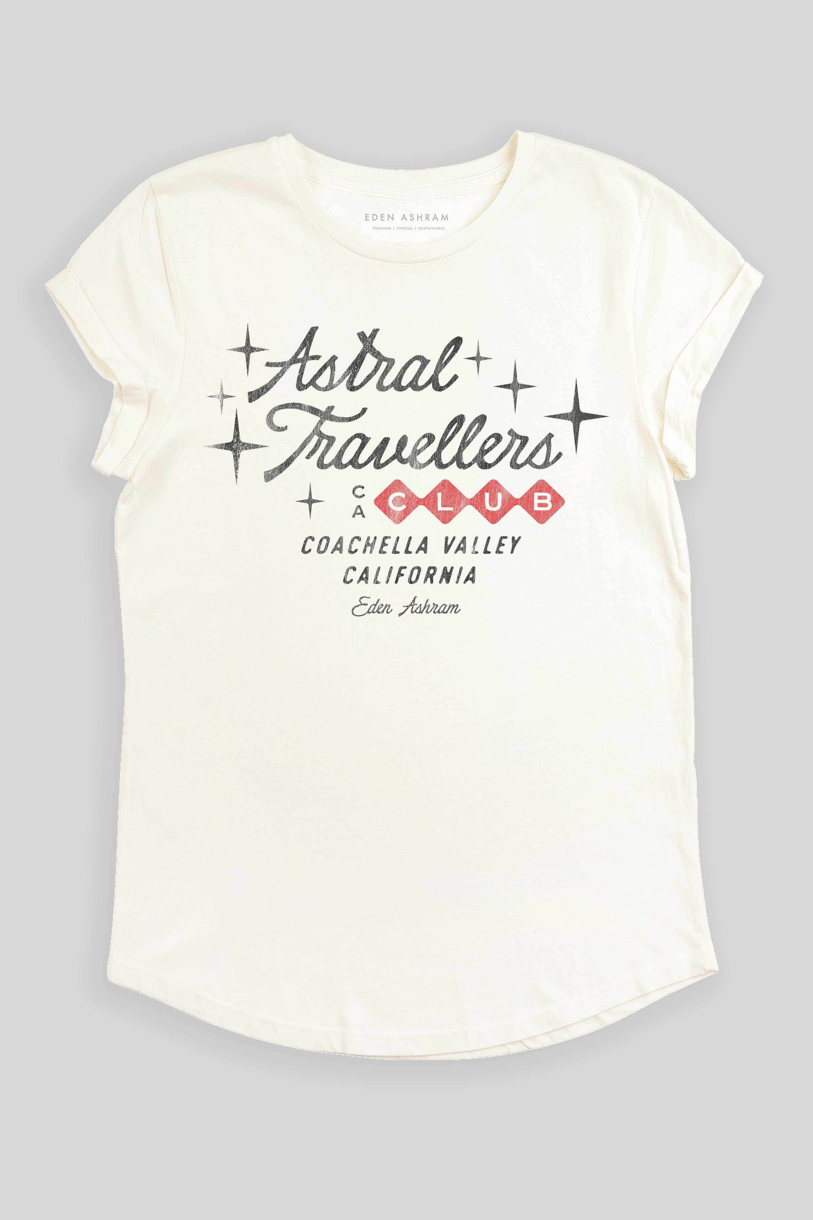 Eden Ashram Astral Travellers Club Premium Rolled Sleeve T-Shirt Stonewash White