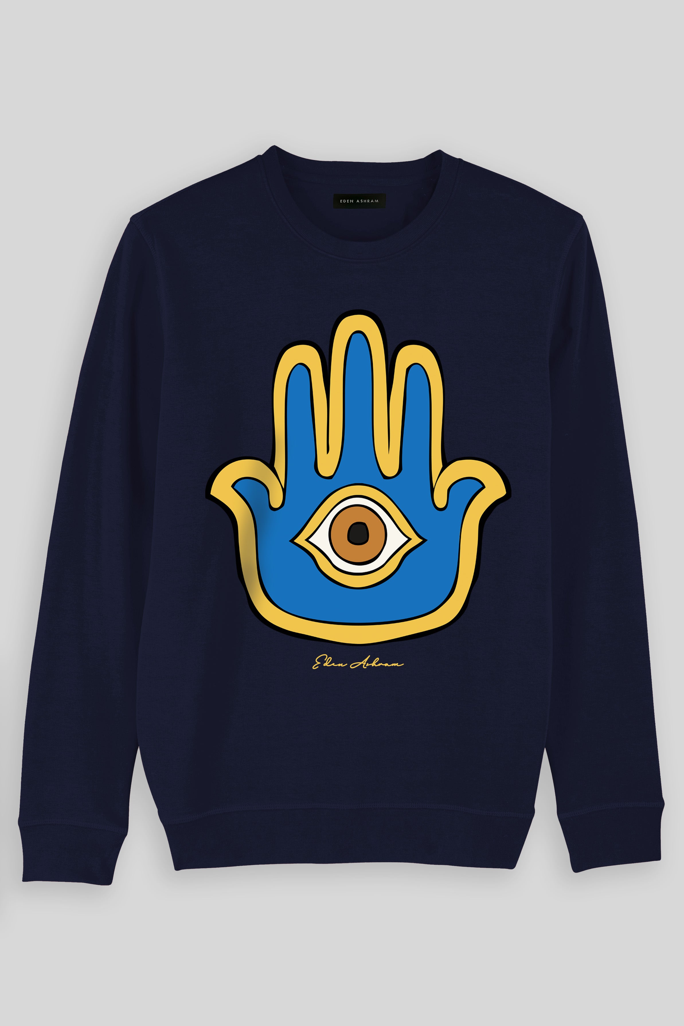 Eden Ashram Bright Hamsa Premium Crew Neck Sweatshirt Navy