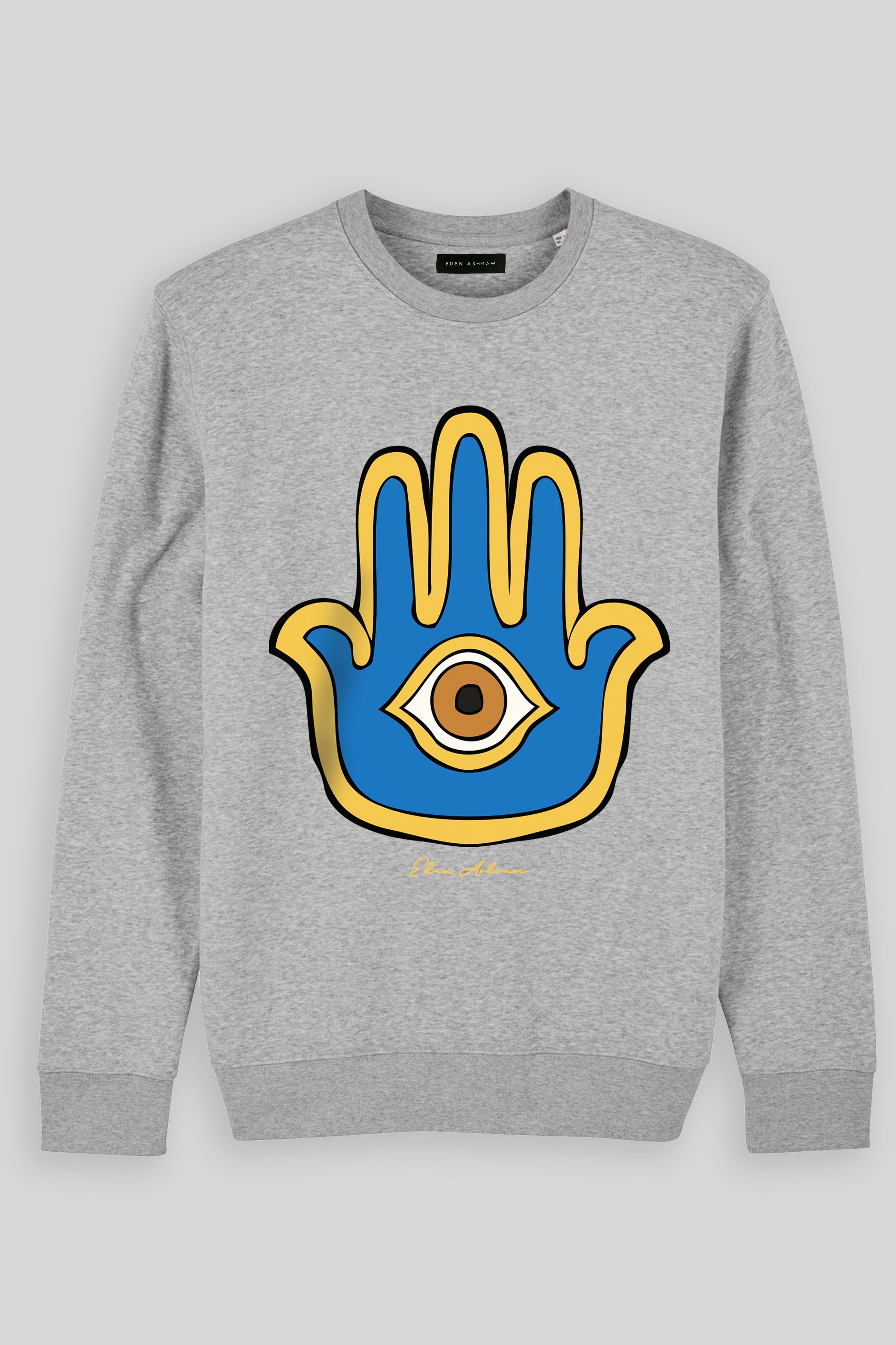 Eden Ashram Bright Hamsa Premium Crew Neck Sweatshirt Heather Grey