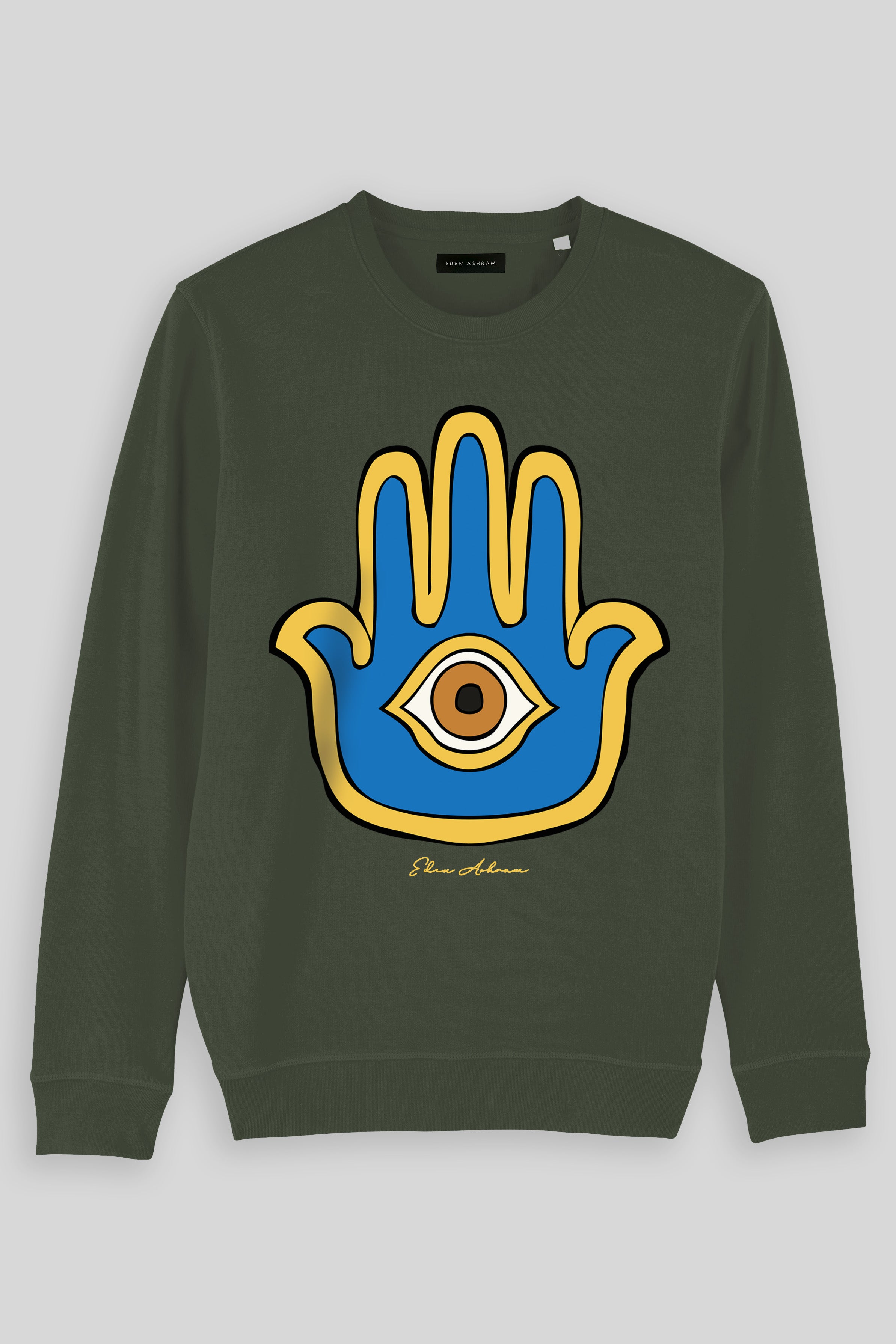 Eden Ashram Bright Hamsa Premium Crew Neck Sweatshirt Khaki