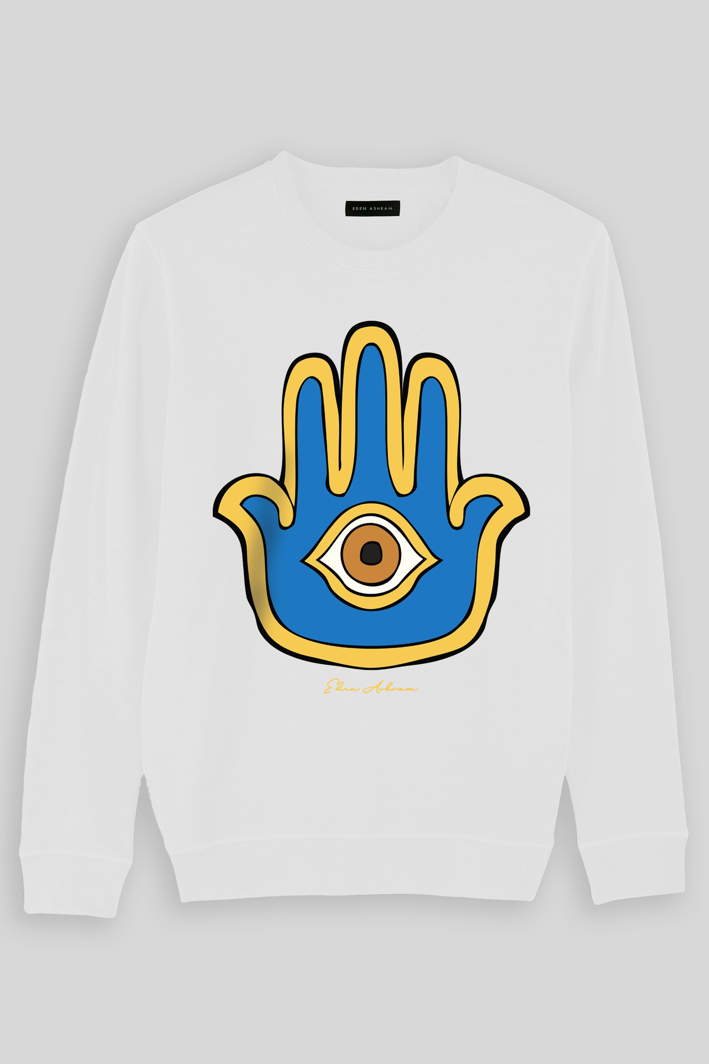 Eden Ashram Bright Hamsa Premium Crew Neck Sweatshirt White