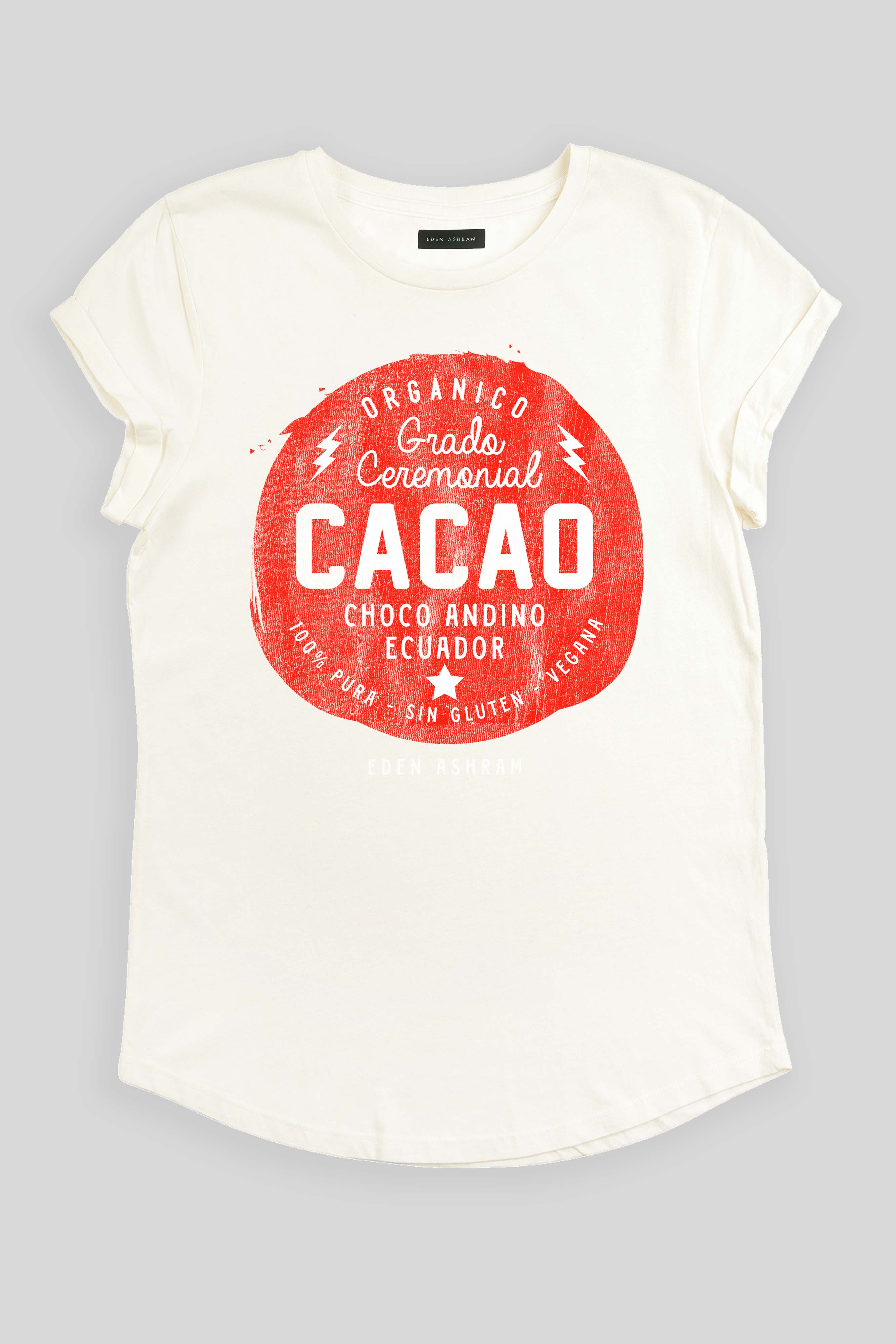 Eden Ashram Cacao Premium Rolled Sleeve T-Shirt Stonewash White