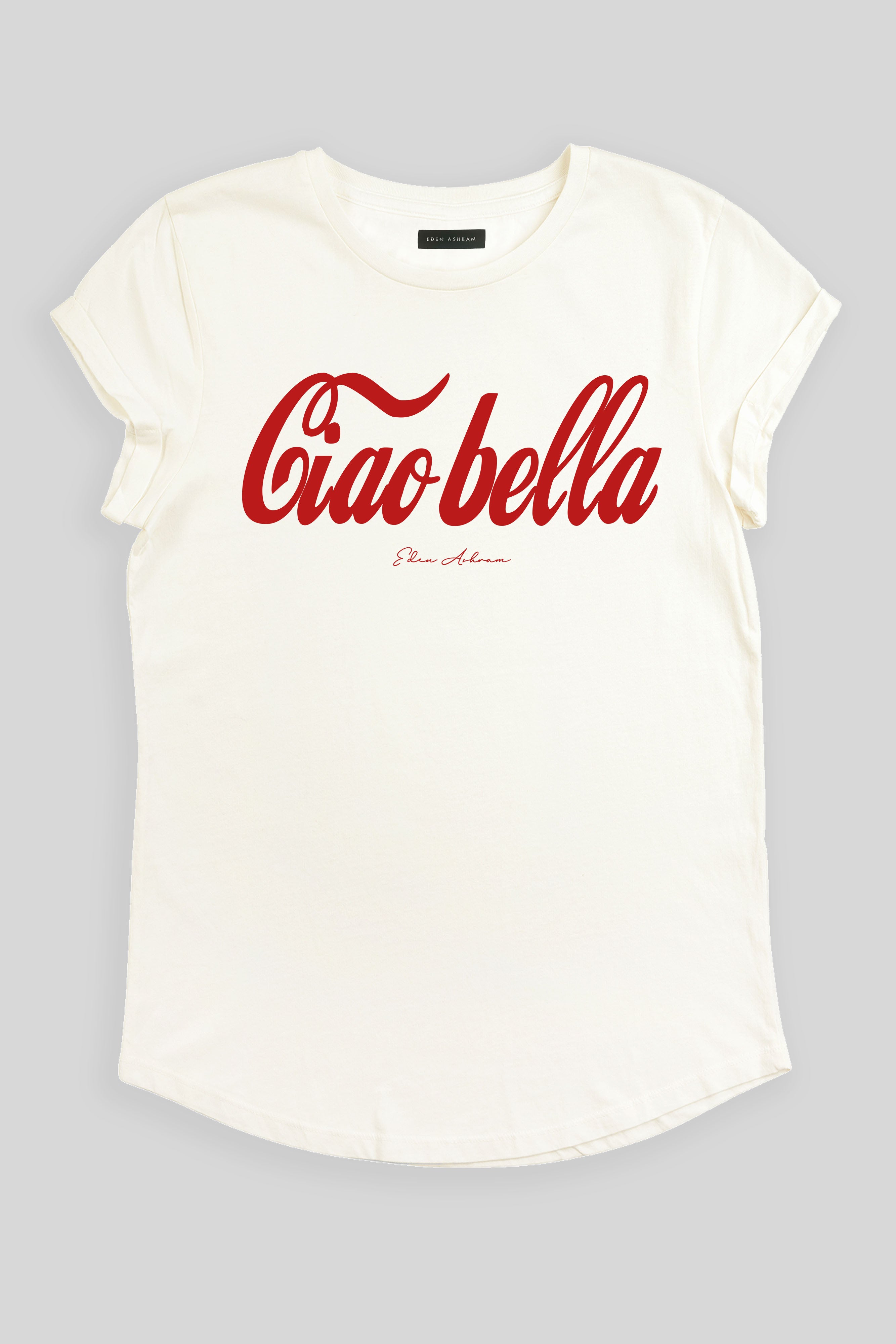 Eden Ashram Ciao Bella Premium Rolled Sleeve T-Shirt Stonewash White