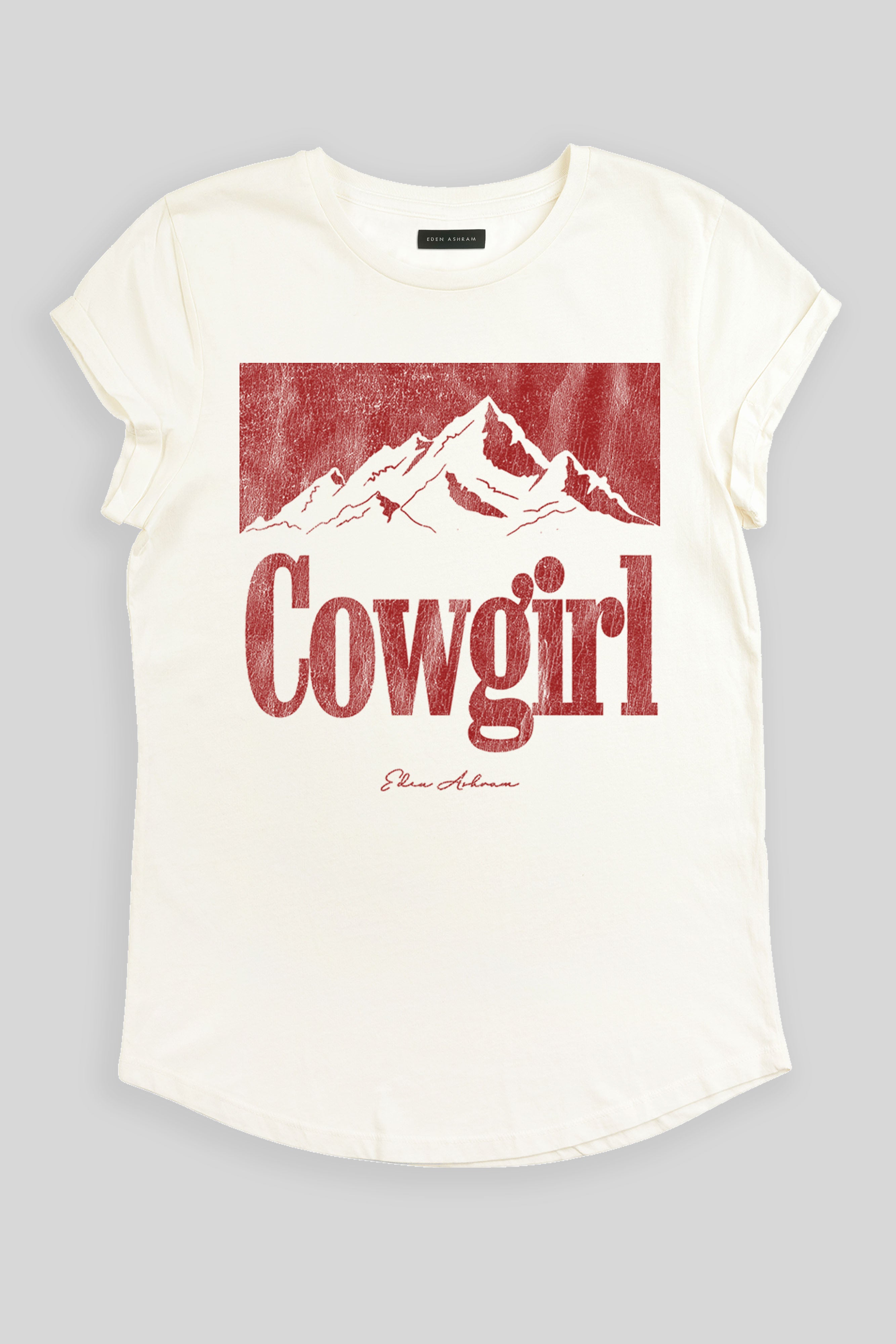 Eden Ashram Cowgirl Premium Rolled Sleeve T-Shirt Stonewash White