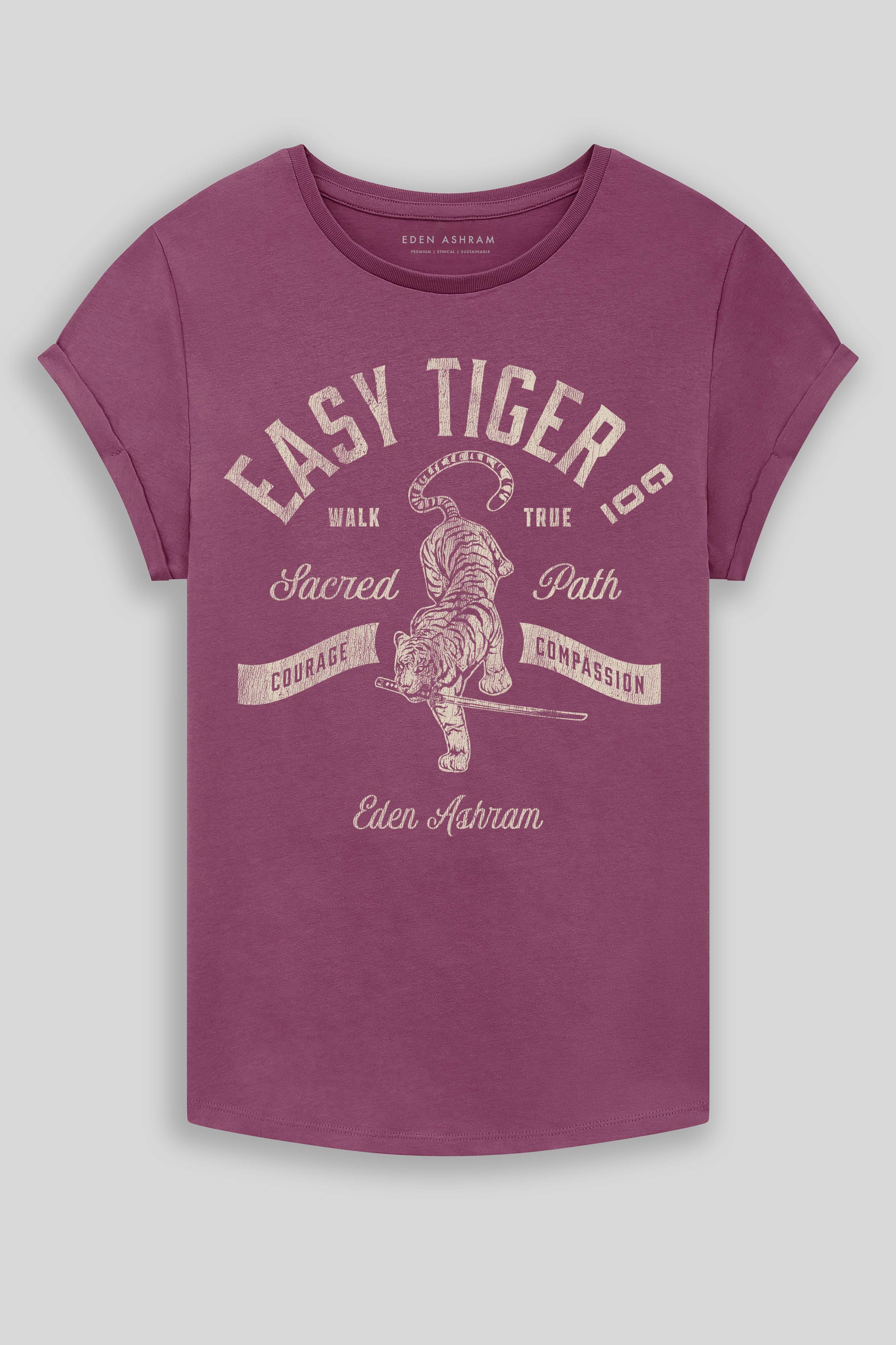 Eden Ashram Easy Tiger Co. Premium Rolled Sleeve T-Shirt Faded Burgundy