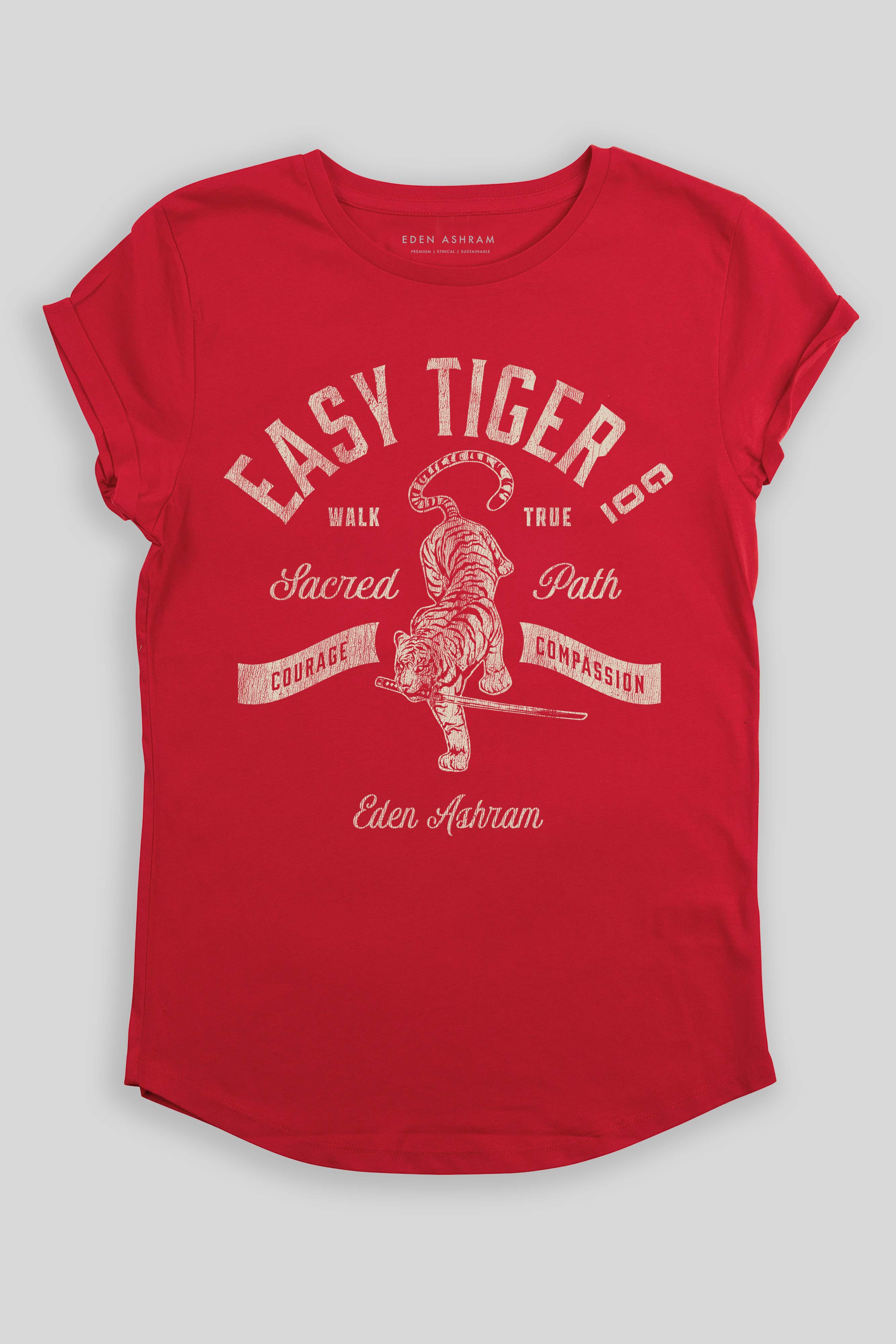 Eden Ashram Easy Tiger Co. Premium Rolled Sleeve T-Shirt Red