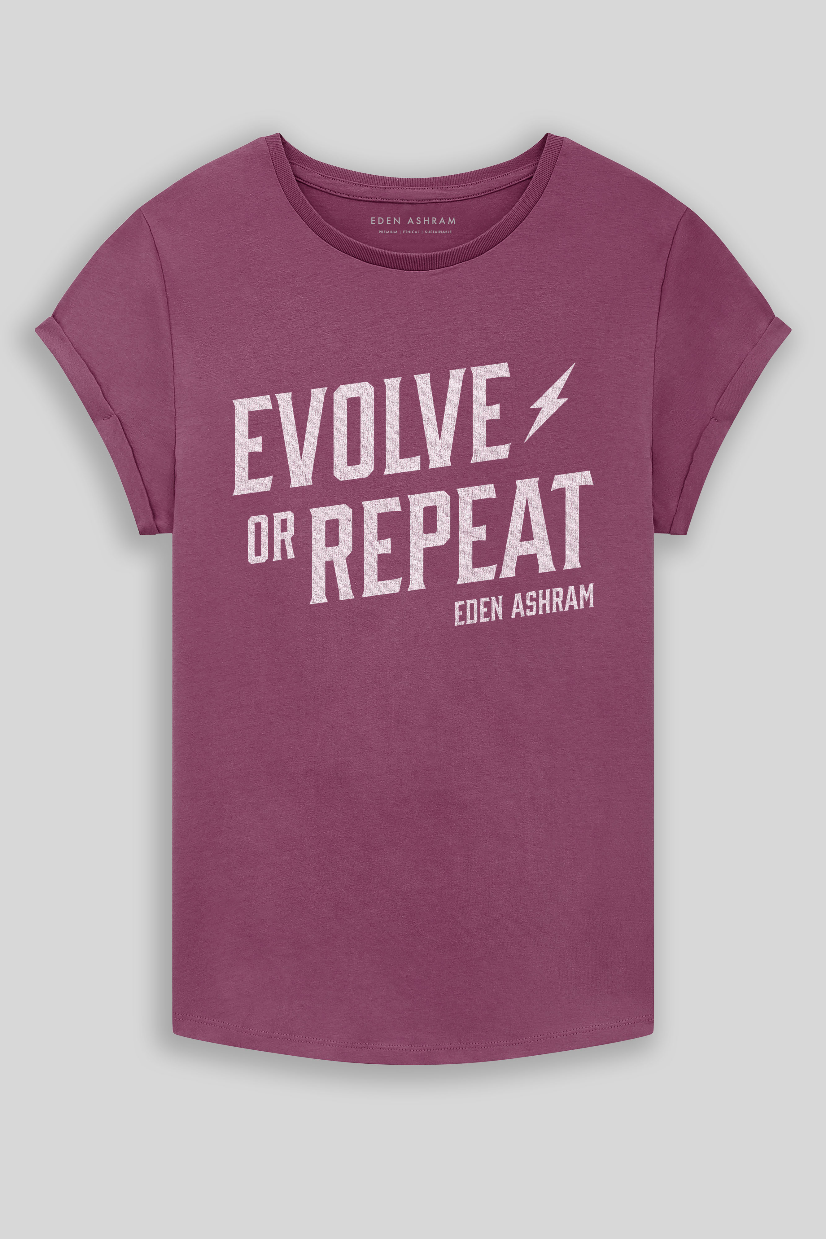 Eden Ashram Evolve Or Repeat Premium Rolled Sleeve T-Shirt Faded Burgundy