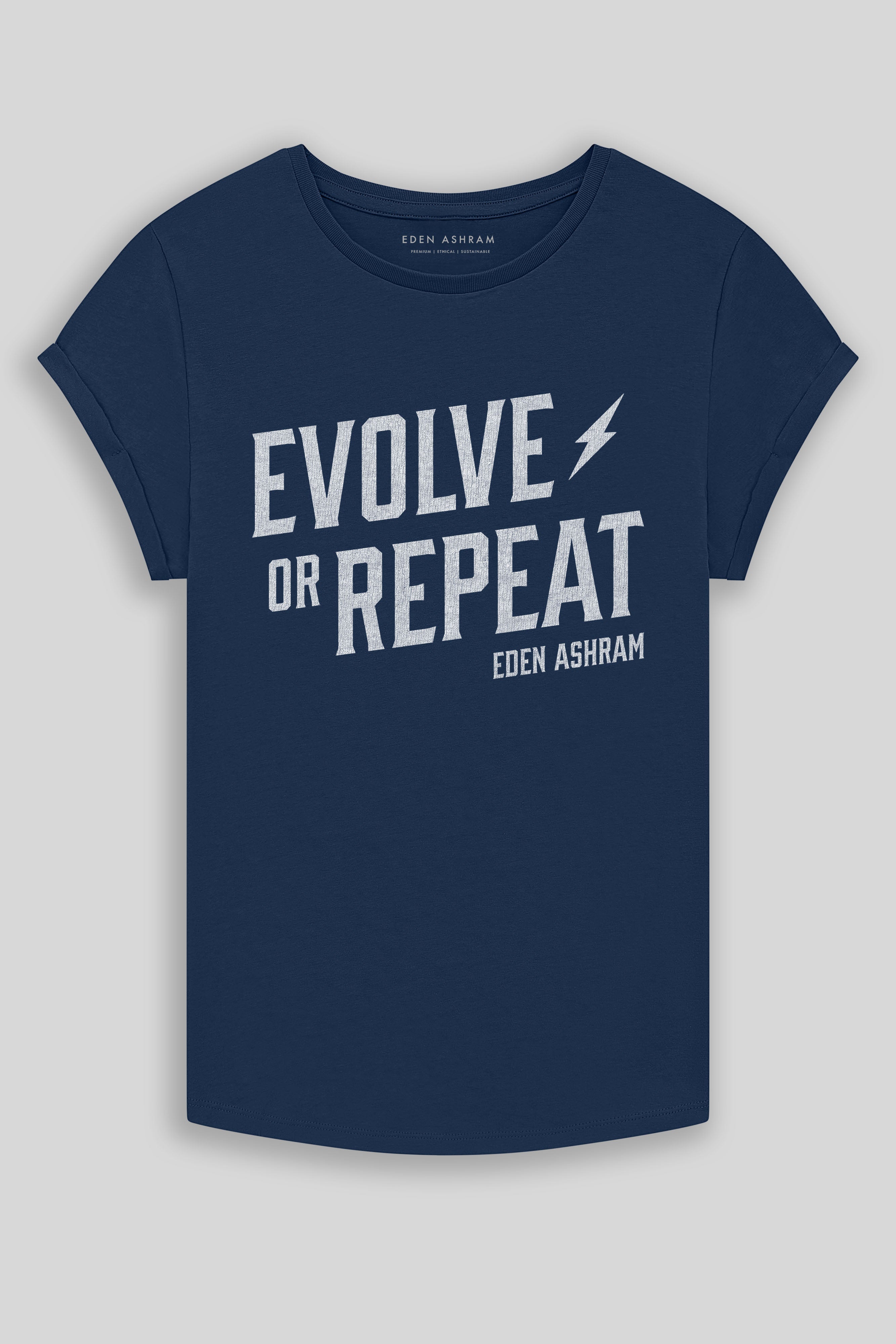 Eden Ashram Evolve Or Repeat Premium Rolled Sleeve T-Shirt French Navy
