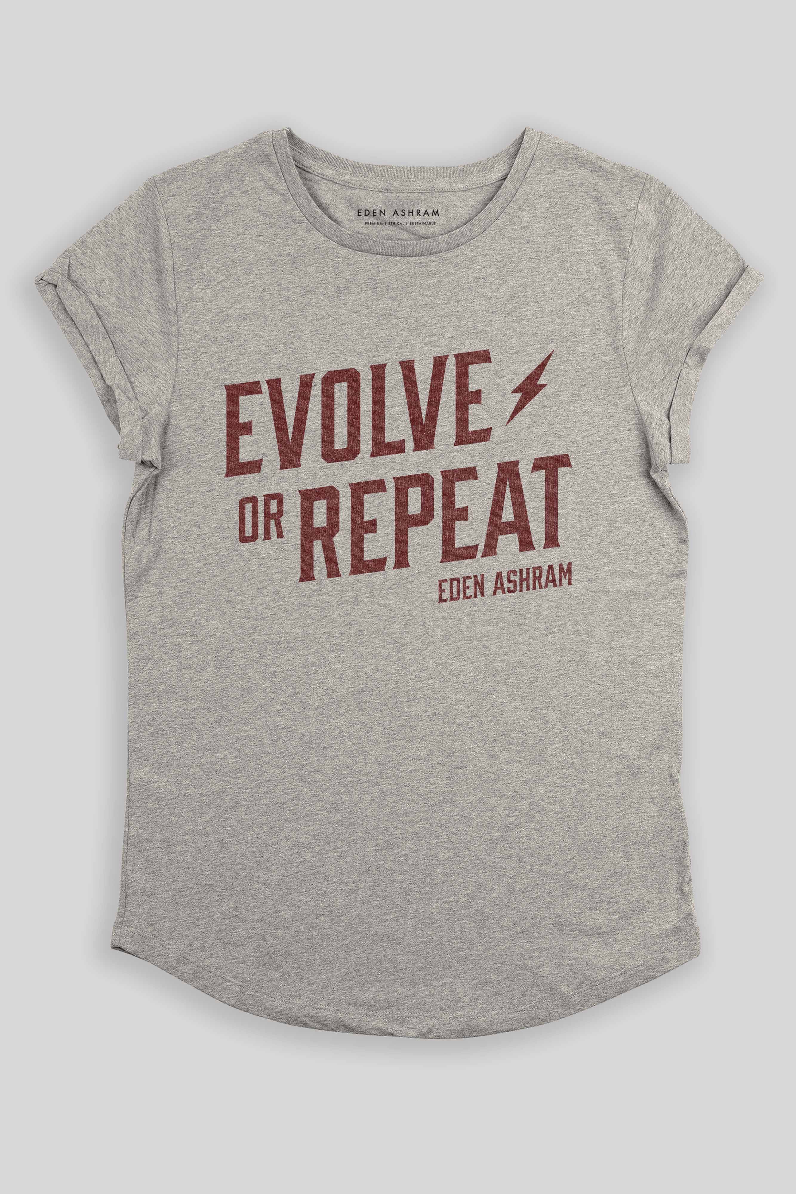 Eden Ashram Evolve Or Repeat Premium Rolled Sleeve T-Shirt Heather Grey
