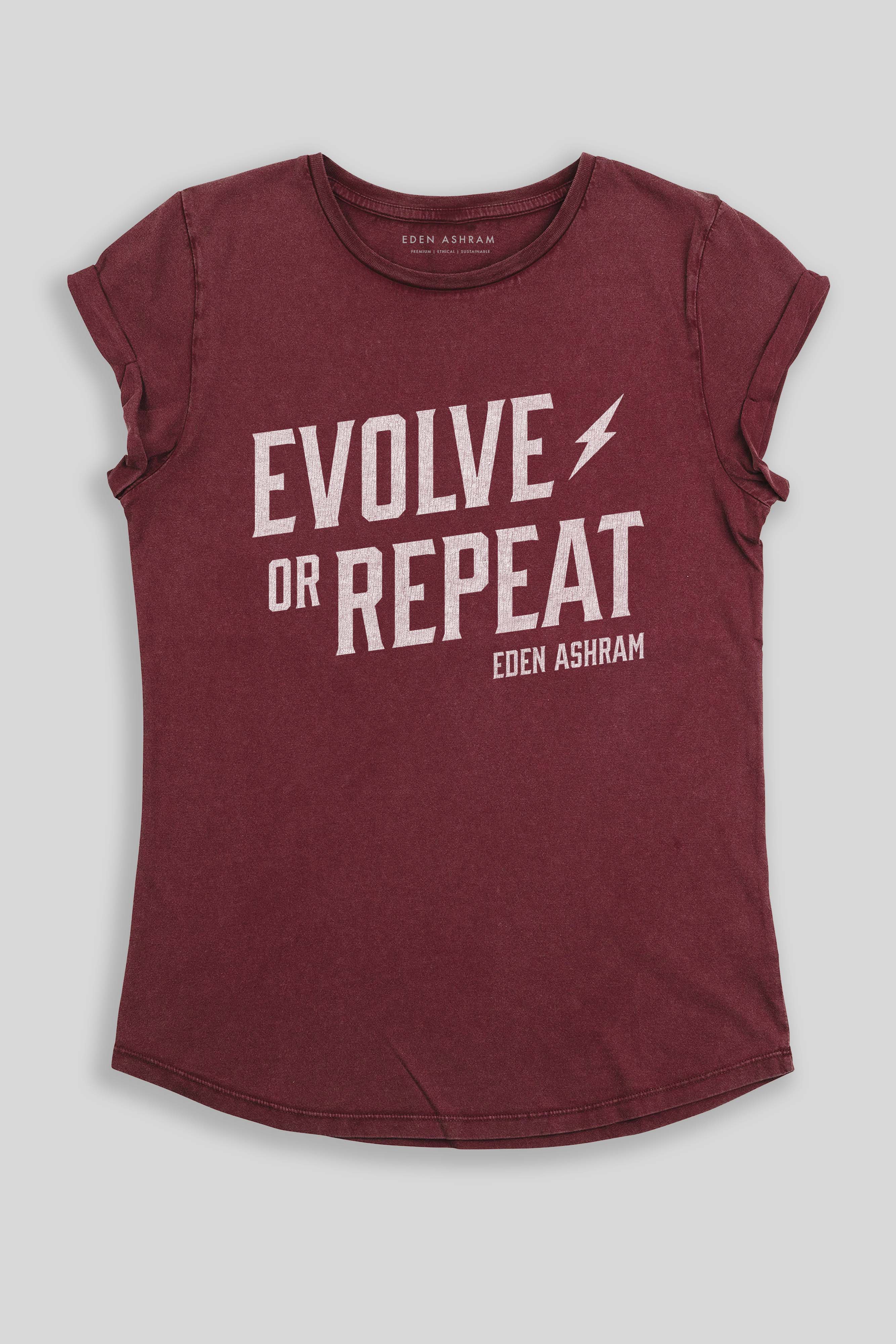Eden Ashram Evolve Or Repeat Premium Rolled Sleeve T-Shirt Stonewash Burgundy