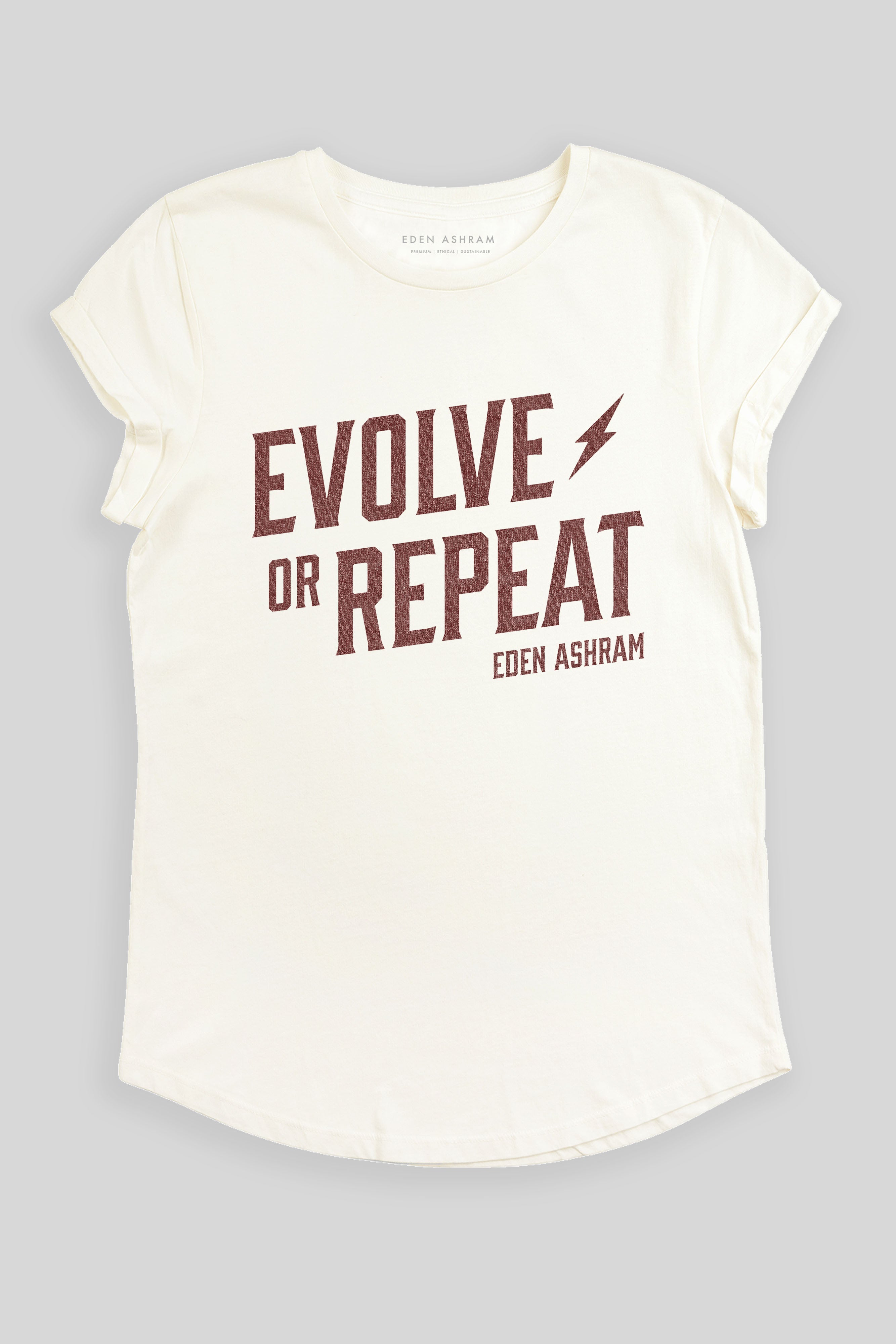 Eden Ashram Evolve Or Repeat Premium Rolled Sleeve T-Shirt Stonewash White