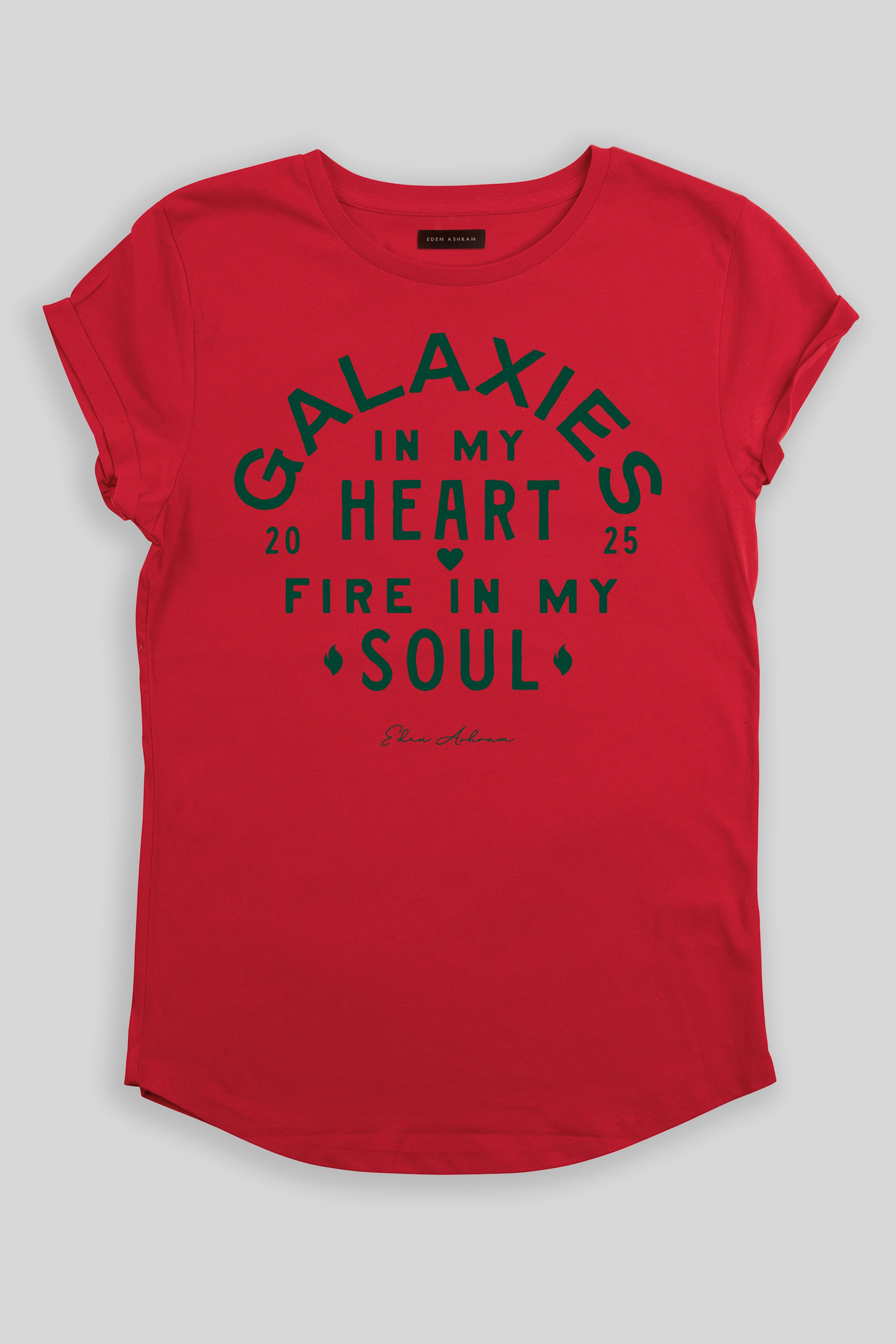 Eden Ashram Galaxies In My Heart - Fire In My Soul Premium Rolled Sleeve T-Shirt Red