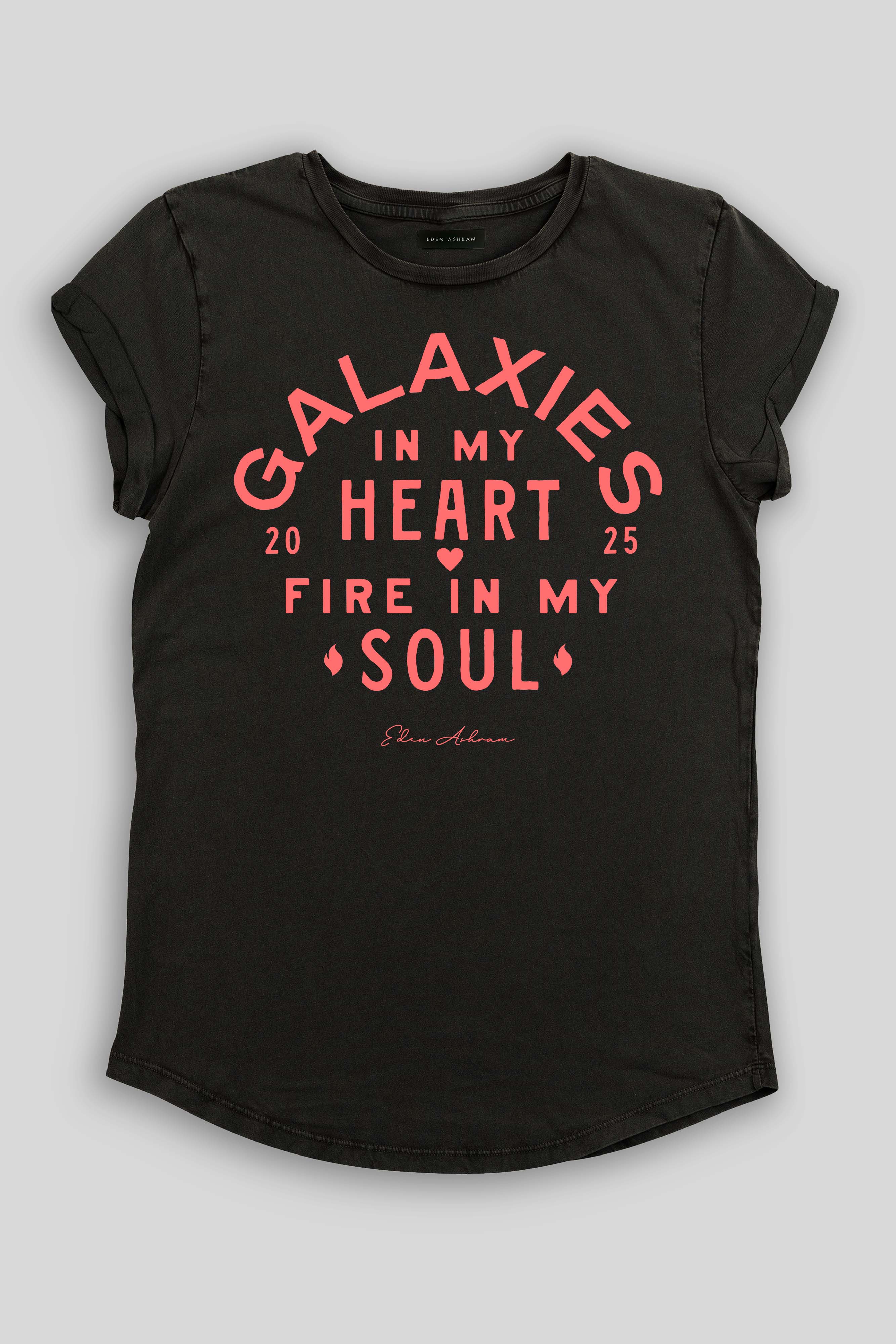 Eden Ashram Galaxies In My Heart - Fire In My Soul Premium Rolled Sleeve T-Shirt Stonewash Black