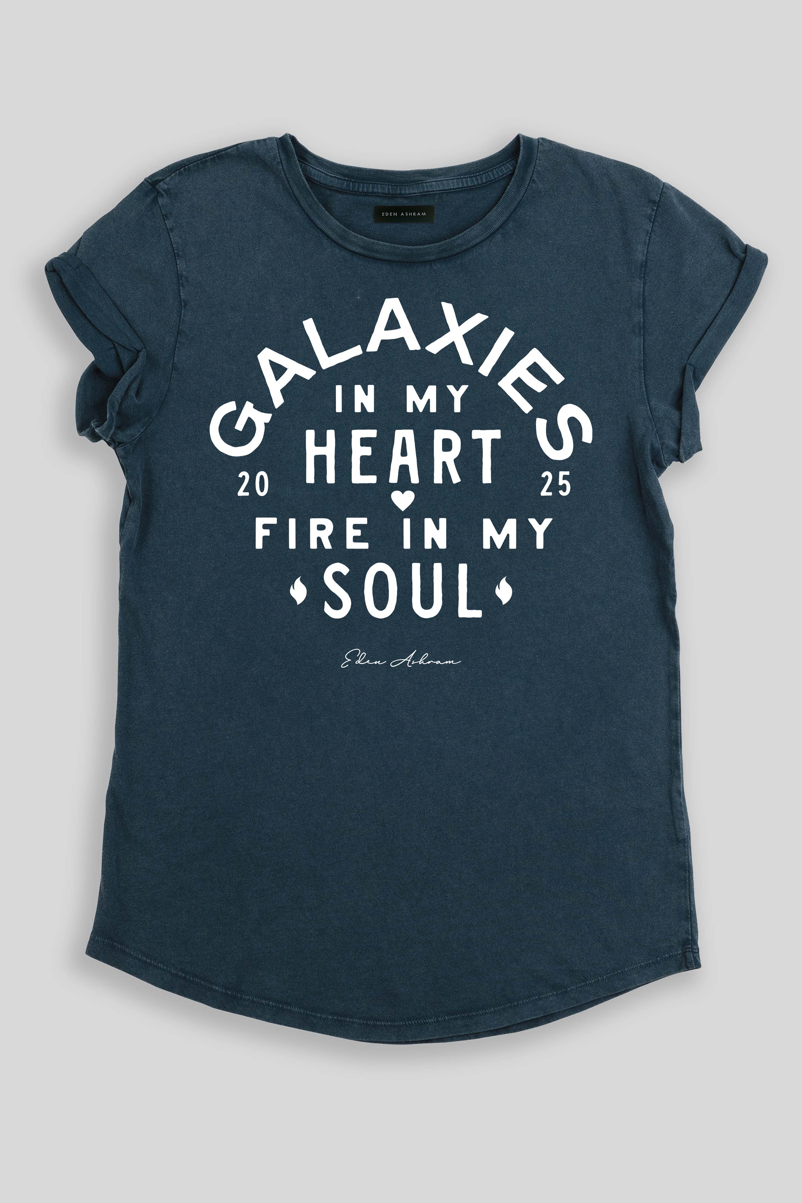 Eden Ashram Galaxies In My Heart - Fire In My Soul Premium Rolled Sleeve T-Shirt Stonewash Denim