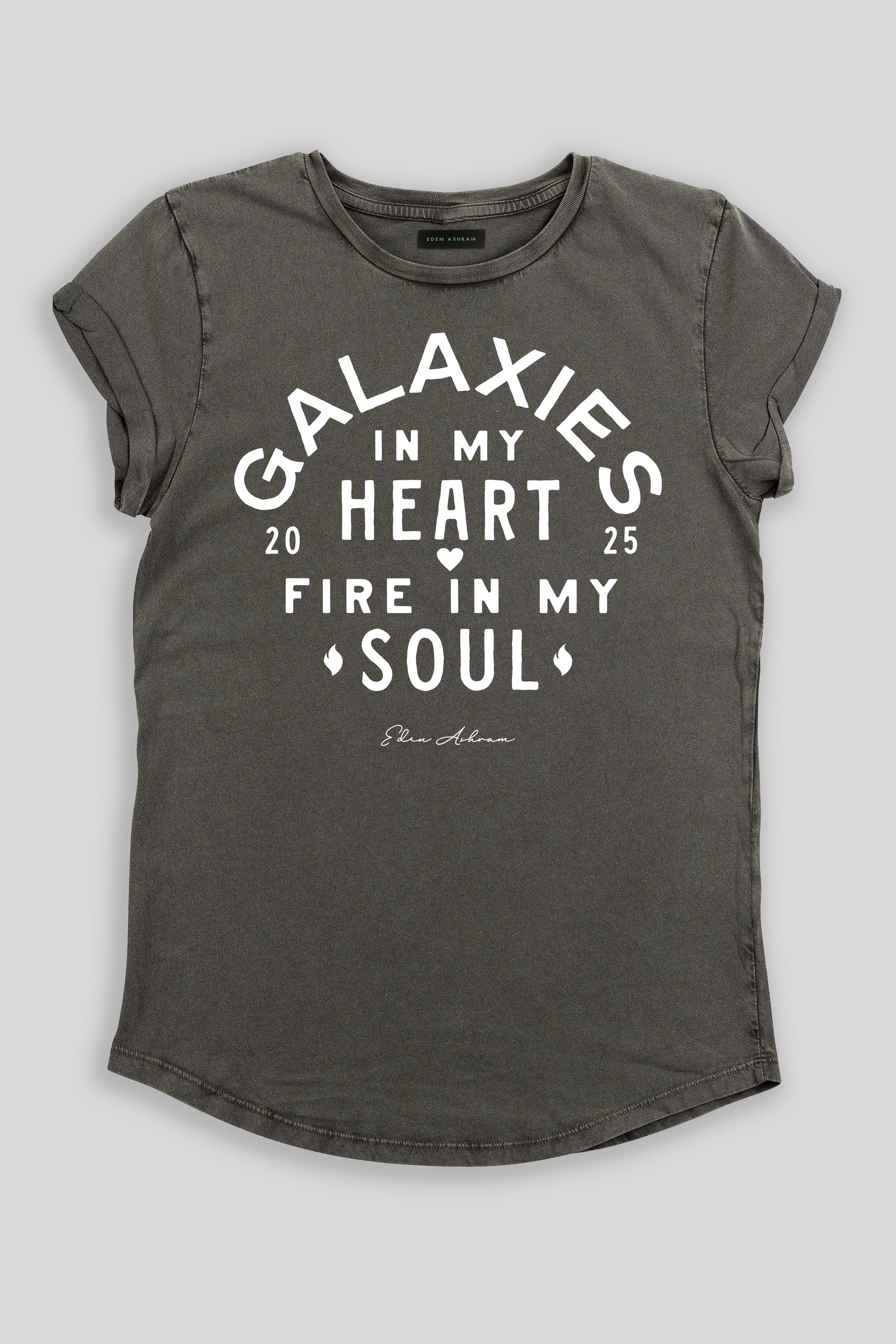Eden Ashram Galaxies In My Heart - Fire In My Soul Premium Rolled Sleeve T-Shirt Stonewash Grey