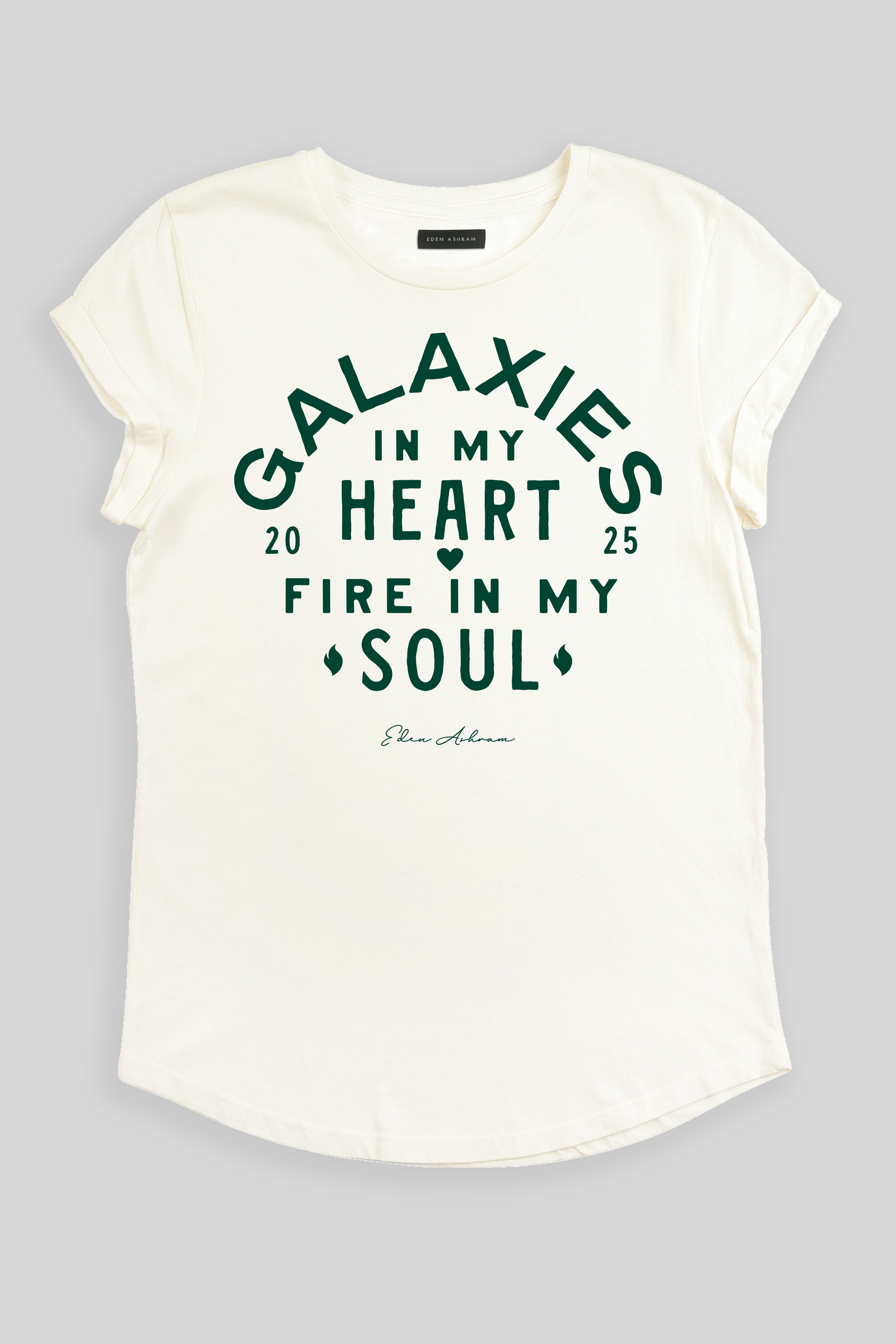 Eden Ashram Galaxies In My Heart - Fire In My Soul Premium Rolled Sleeve T-Shirt Stonewash White