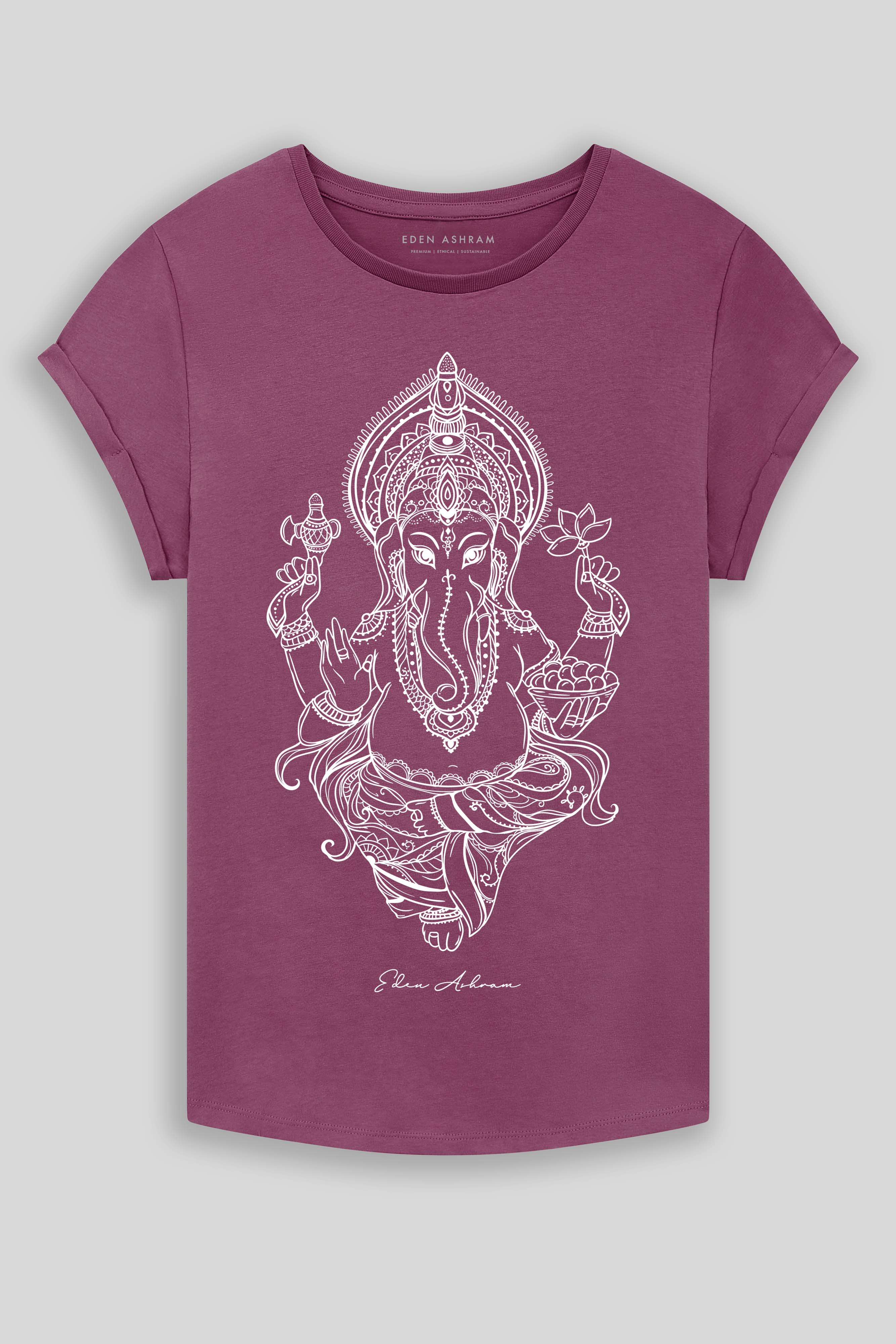 Eden Ashram Ganesha Premium Rolled Sleeve T-Shirt Faded Burgundy