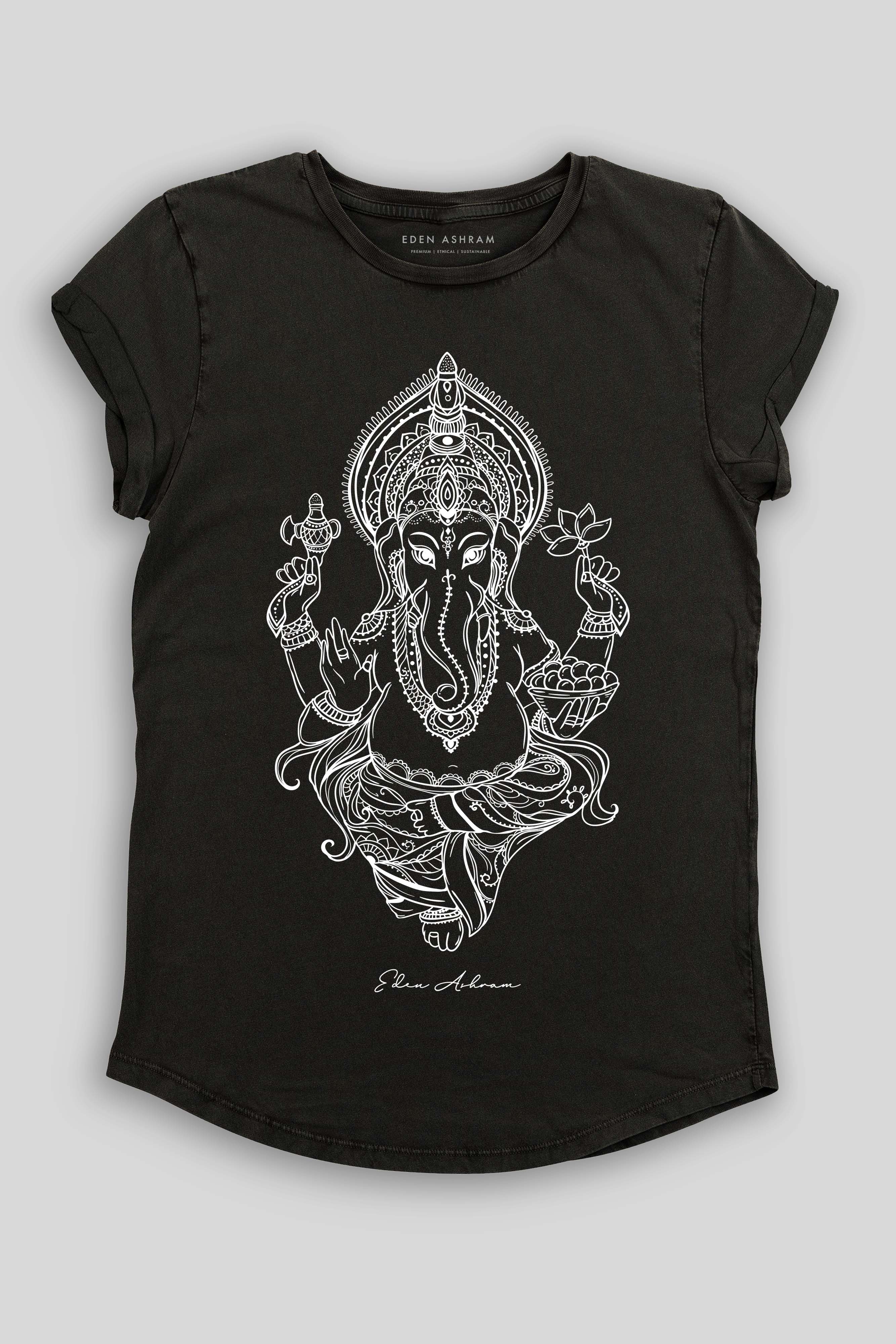 Eden Ashram Ganesha Premium Rolled Sleeve T-Shirt Stonewash Black