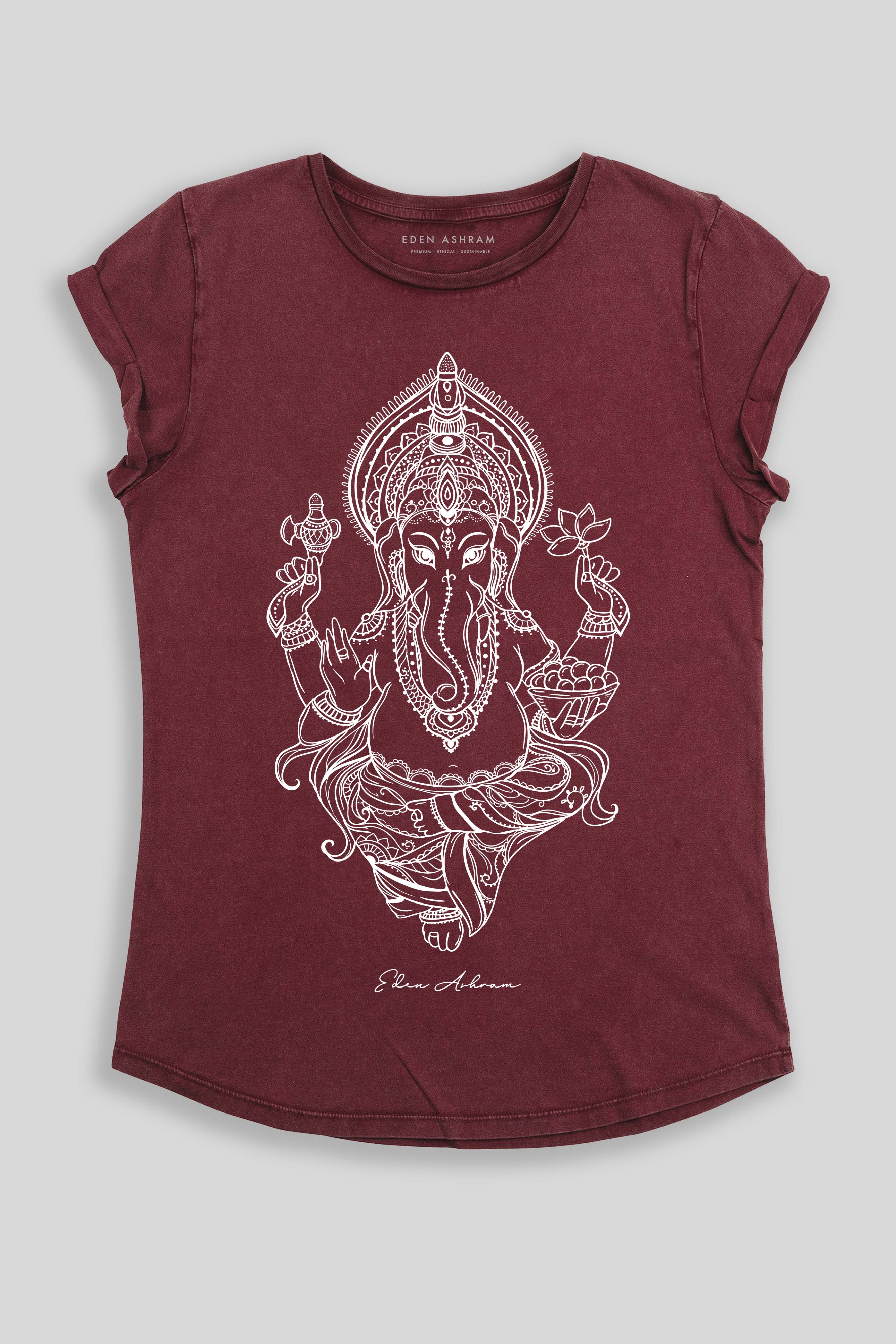 Eden Ashram Ganesha Premium Rolled Sleeve T-Shirt Stonewash Burgundy