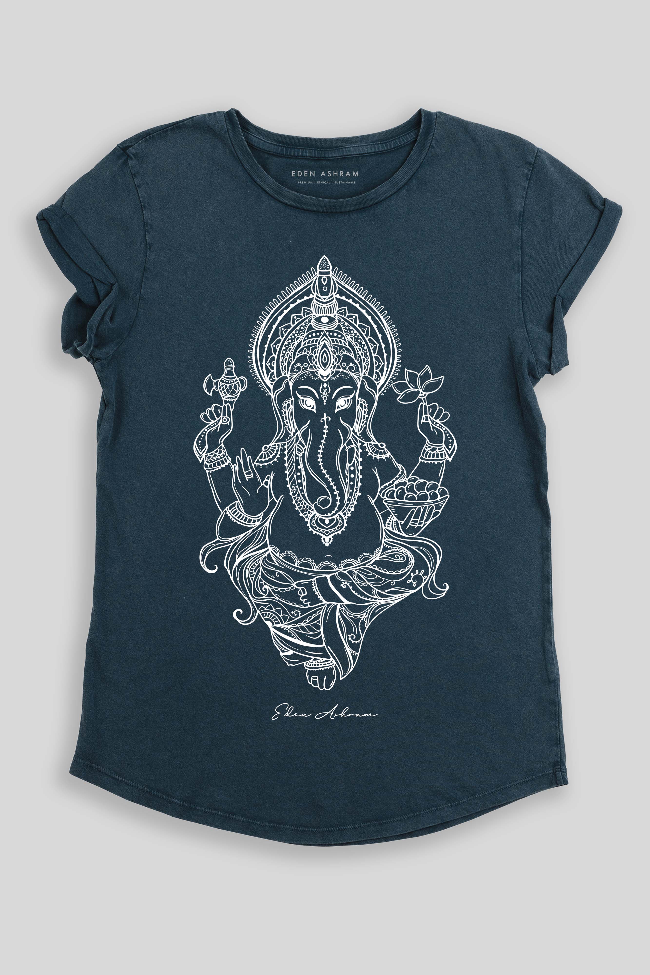 Eden Ashram Ganesha Premium Rolled Sleeve T-Shirt Stonewash Denim