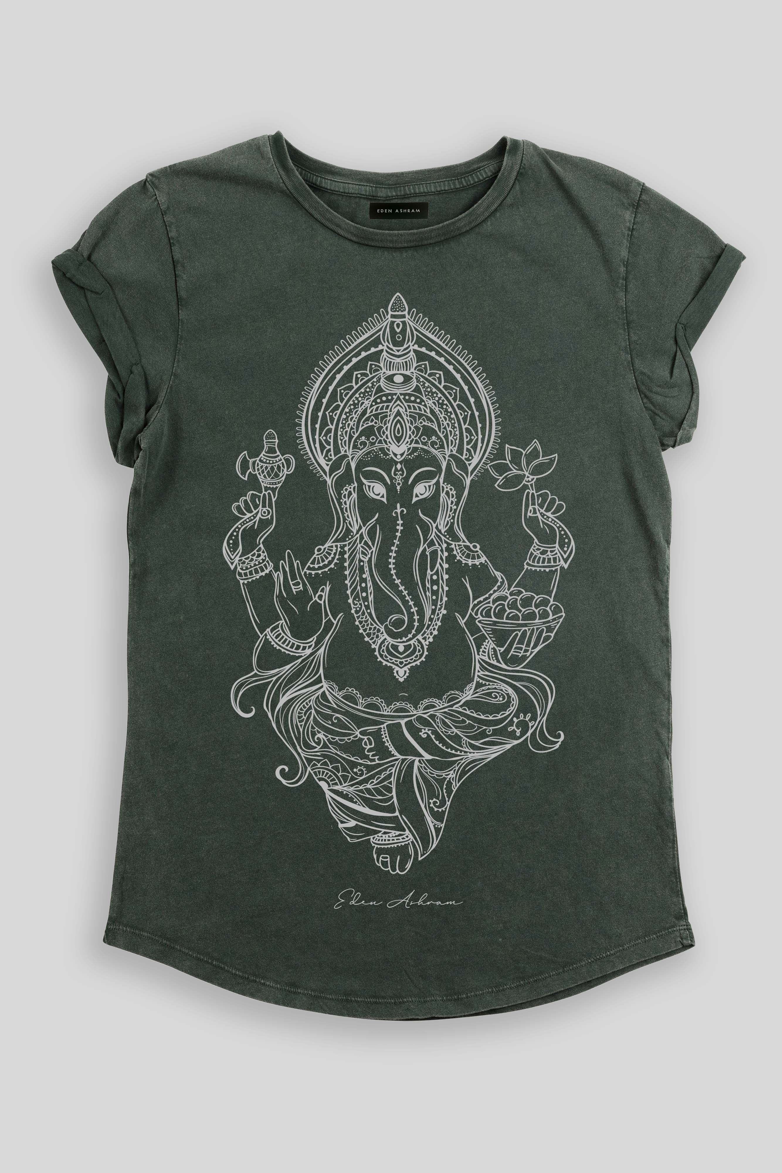 EDEN ASHRAM Ganesha Premium Rolled Sleeve T-Shirt Stonewash Green