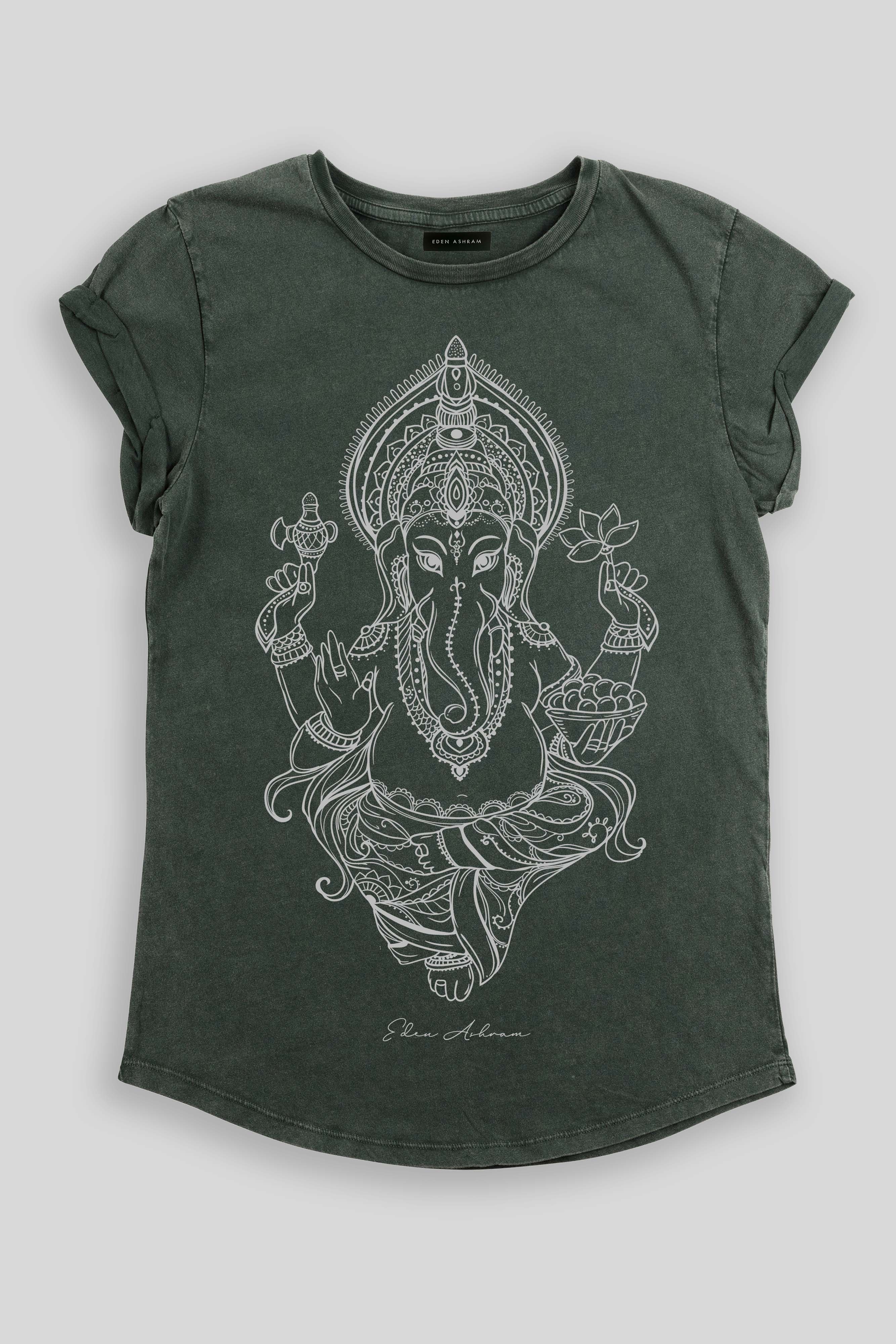 Eden Ashram Ganesha Premium Rolled Sleeve T-Shirt Stonewash Green