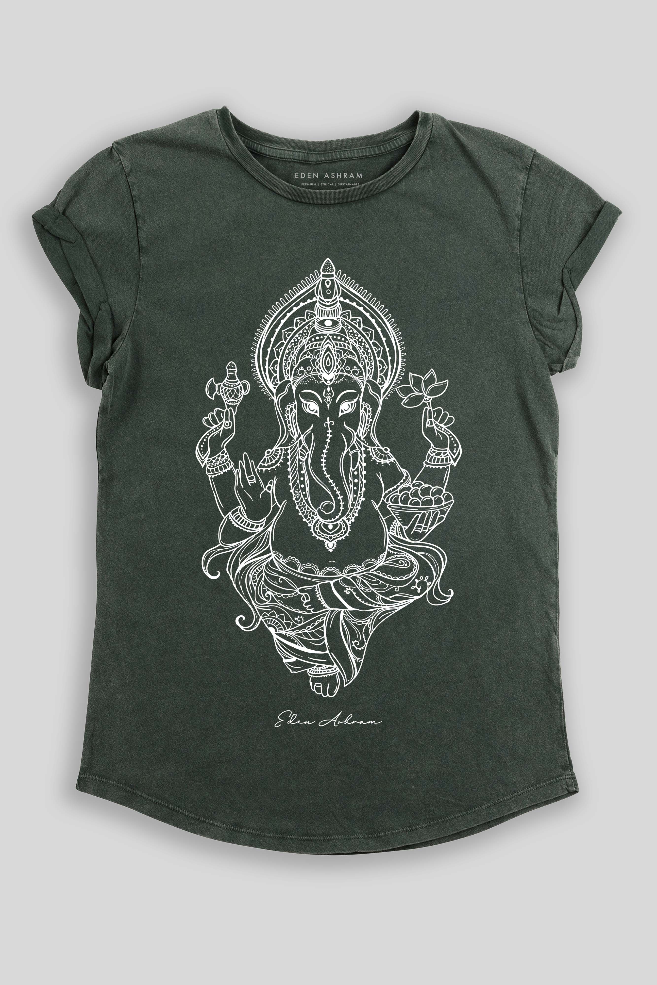 Eden Ashram Ganesha Premium Rolled Sleeve T-Shirt Stonewash Green