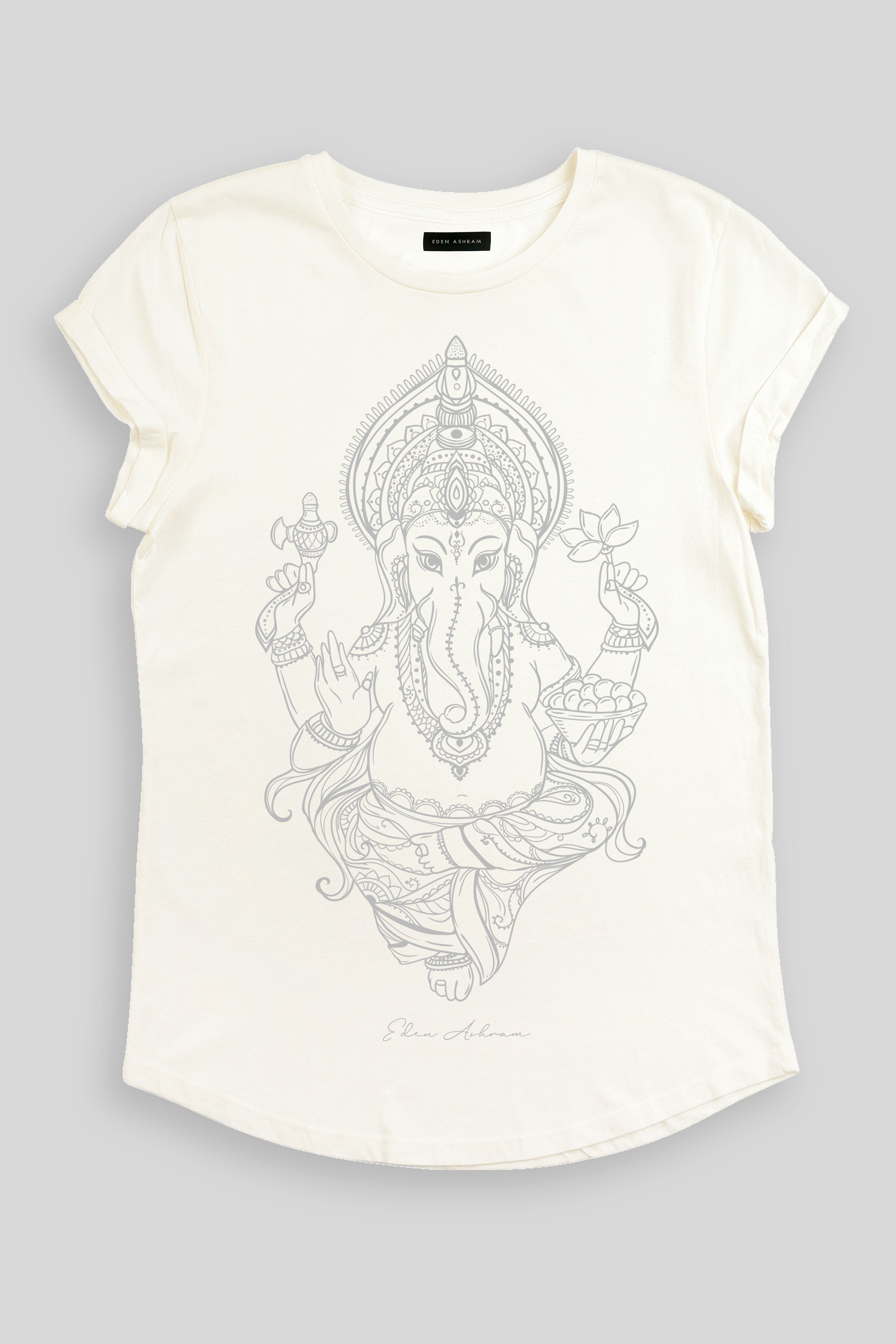 Eden Ashram Ganesha Premium Rolled Sleeve T-Shirt Stonewash White