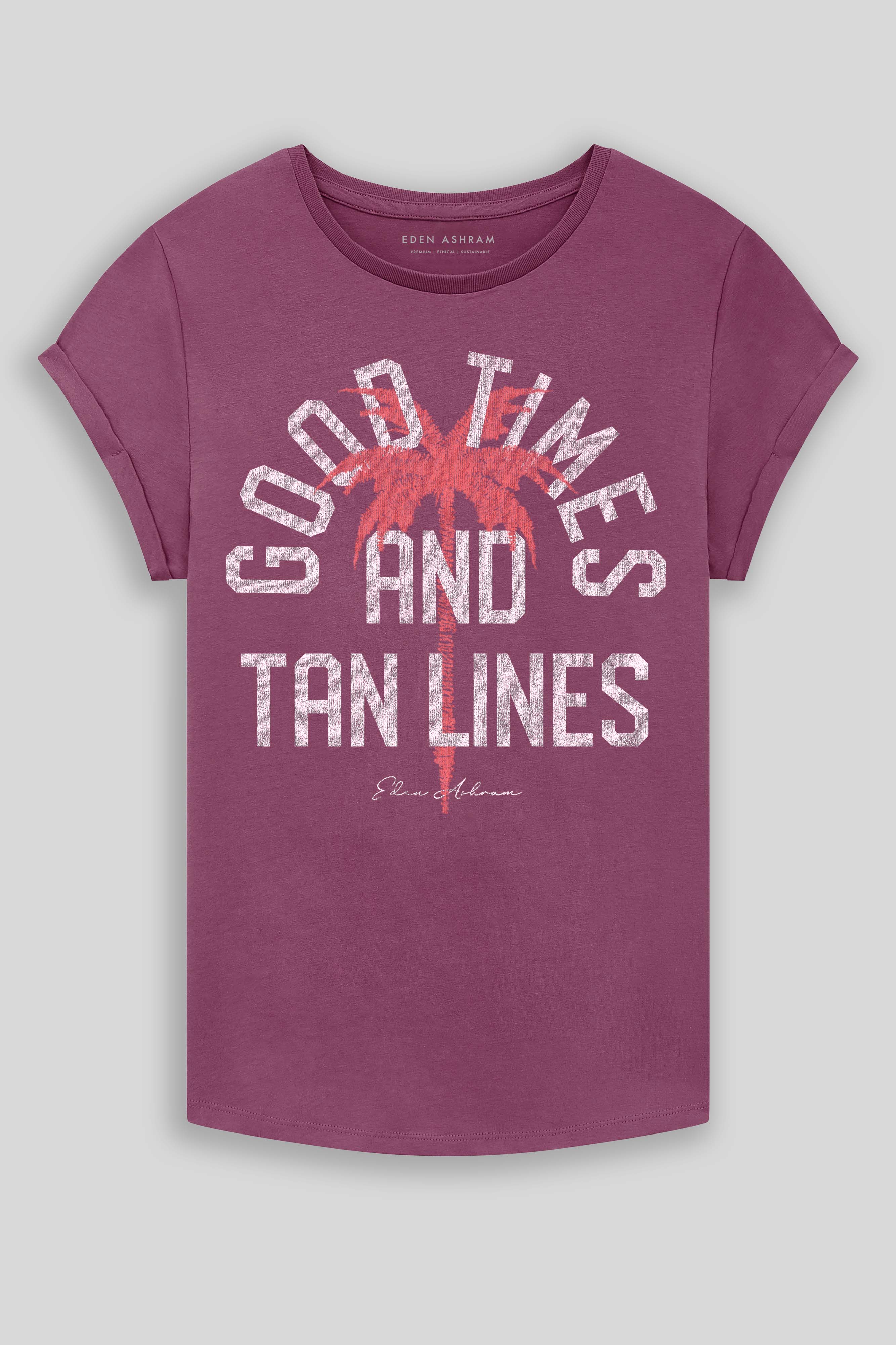 Eden Ashram Good Times And Tan Lines Premium Rolled Sleeve T-Shirt Faded Burgundy