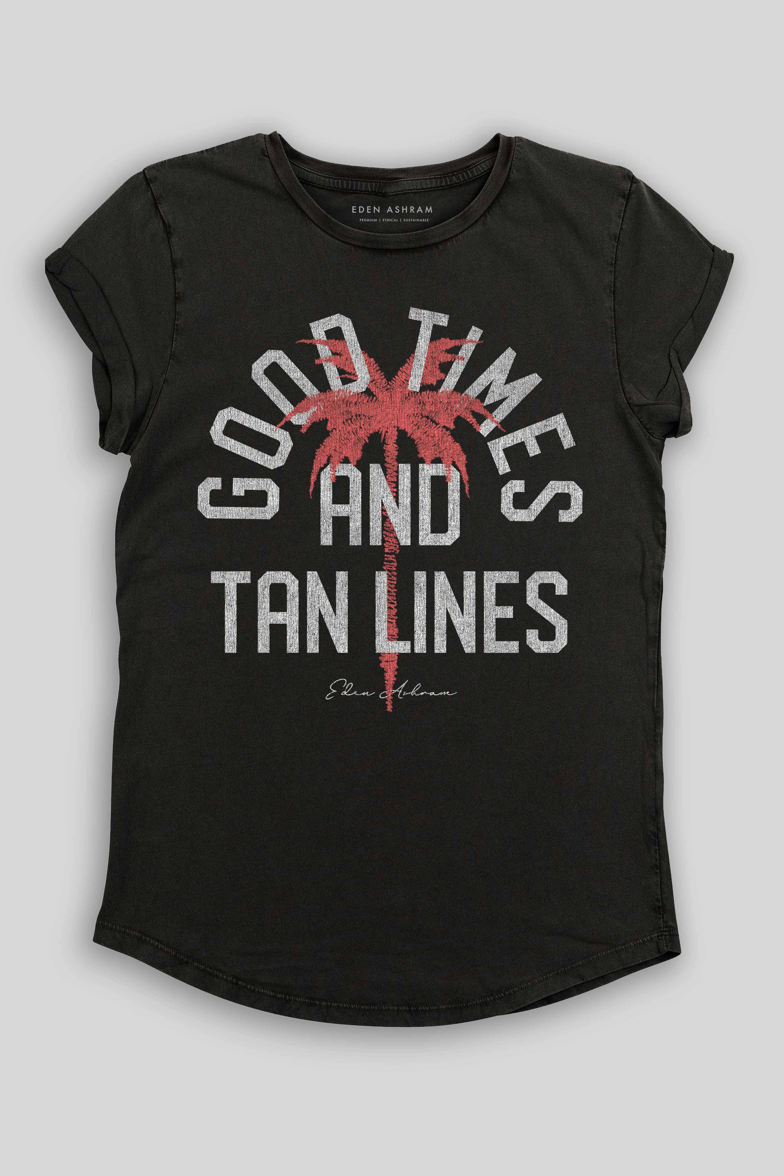 Eden Ashram Good Times And Tan Lines Premium Rolled Sleeve T-Shirt Stonewash Black