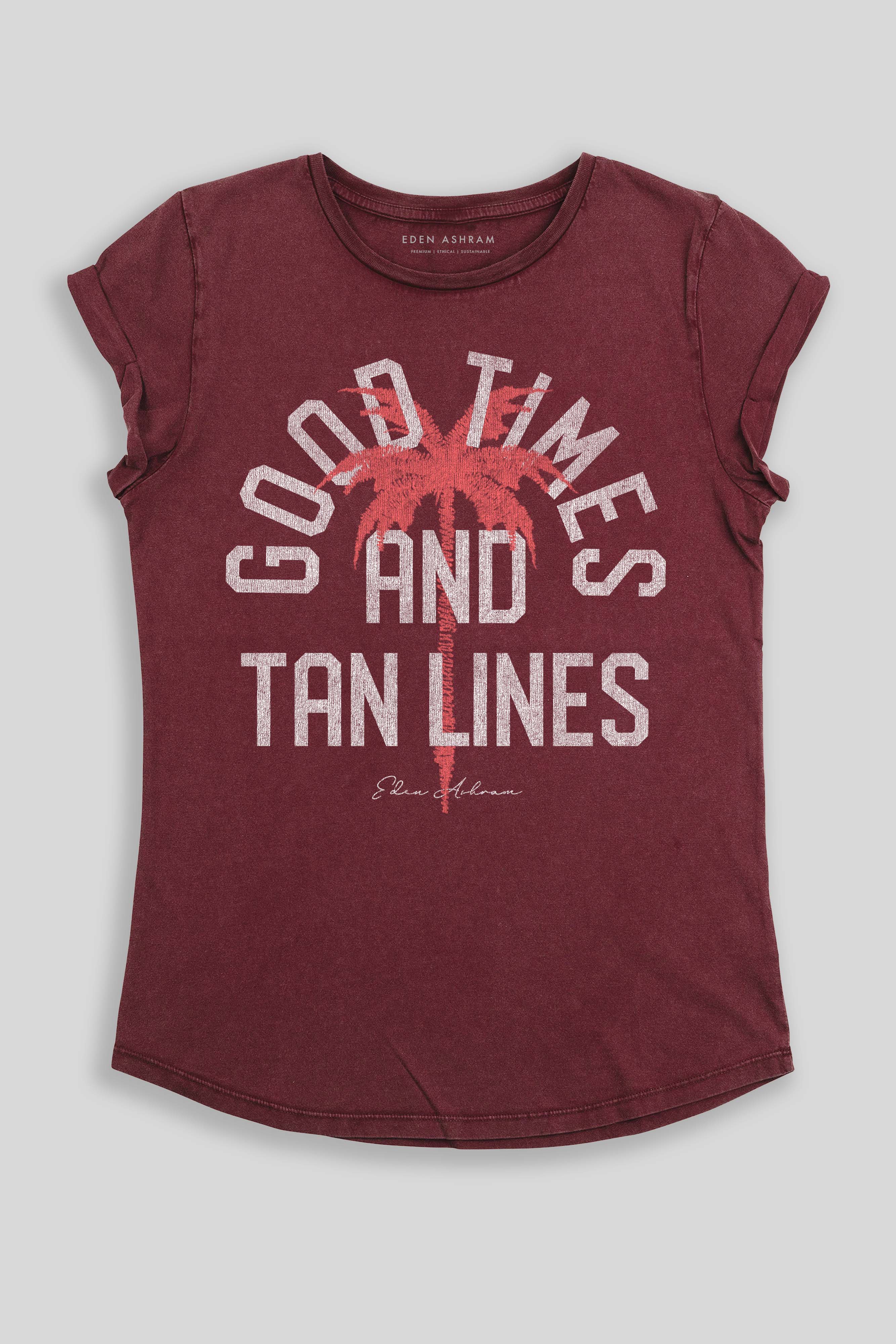Eden Ashram Good Times And Tan Lines Premium Rolled Sleeve T-Shirt Stonewash Burgundy