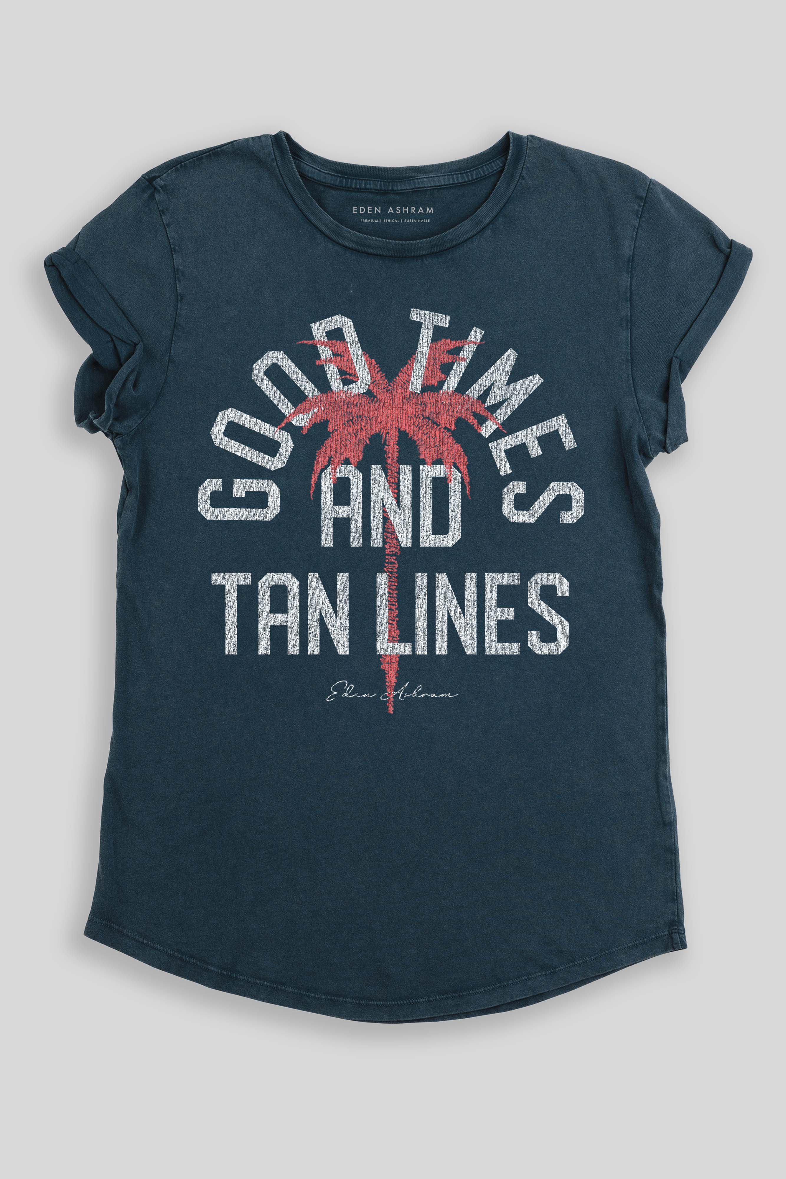 Eden Ashram Good Times And Tan Lines Premium Rolled Sleeve T-Shirt Stonewash Denim