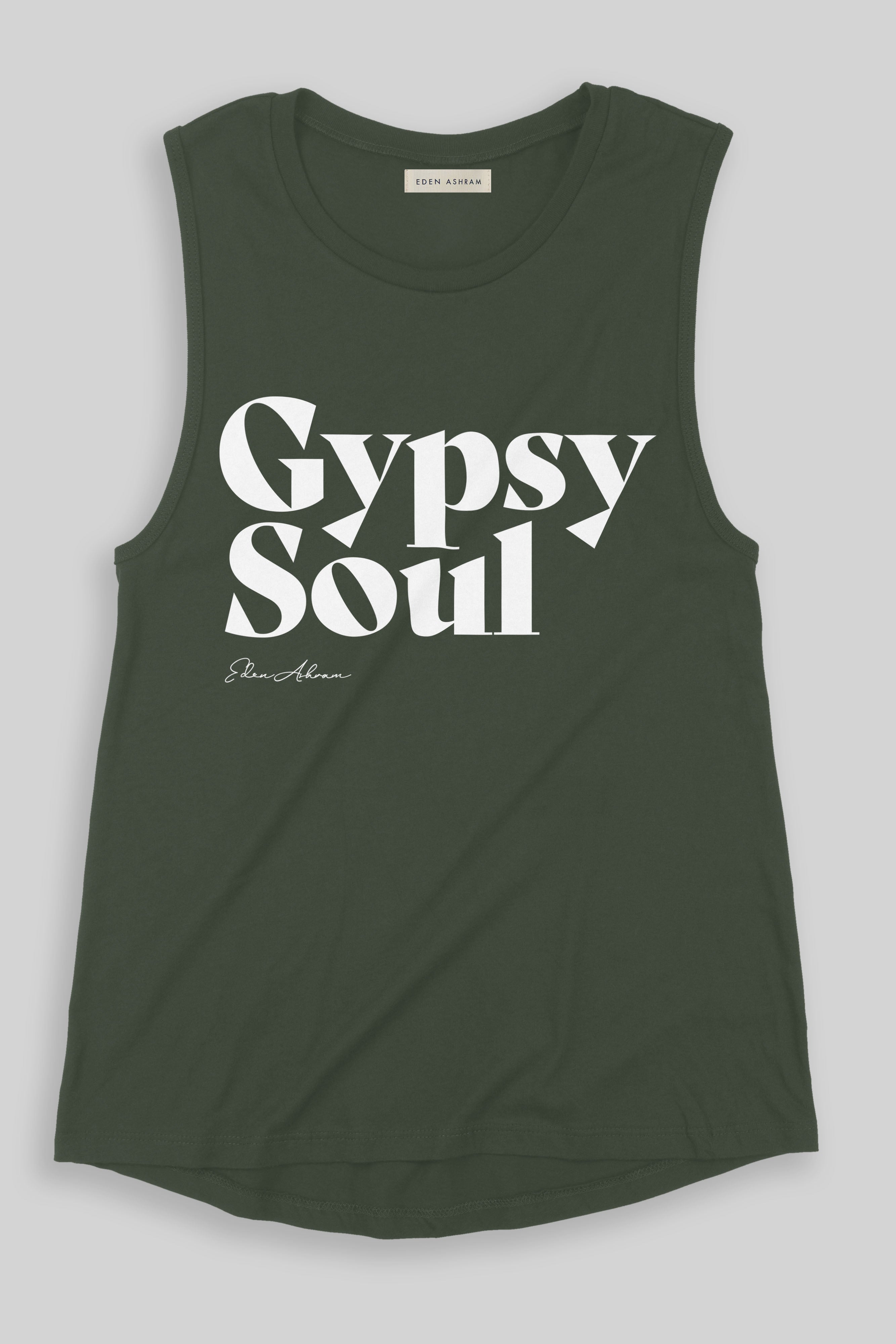 EDEN ASHRAM Gypsy Soul Jersey Muscle Tank Army Green
