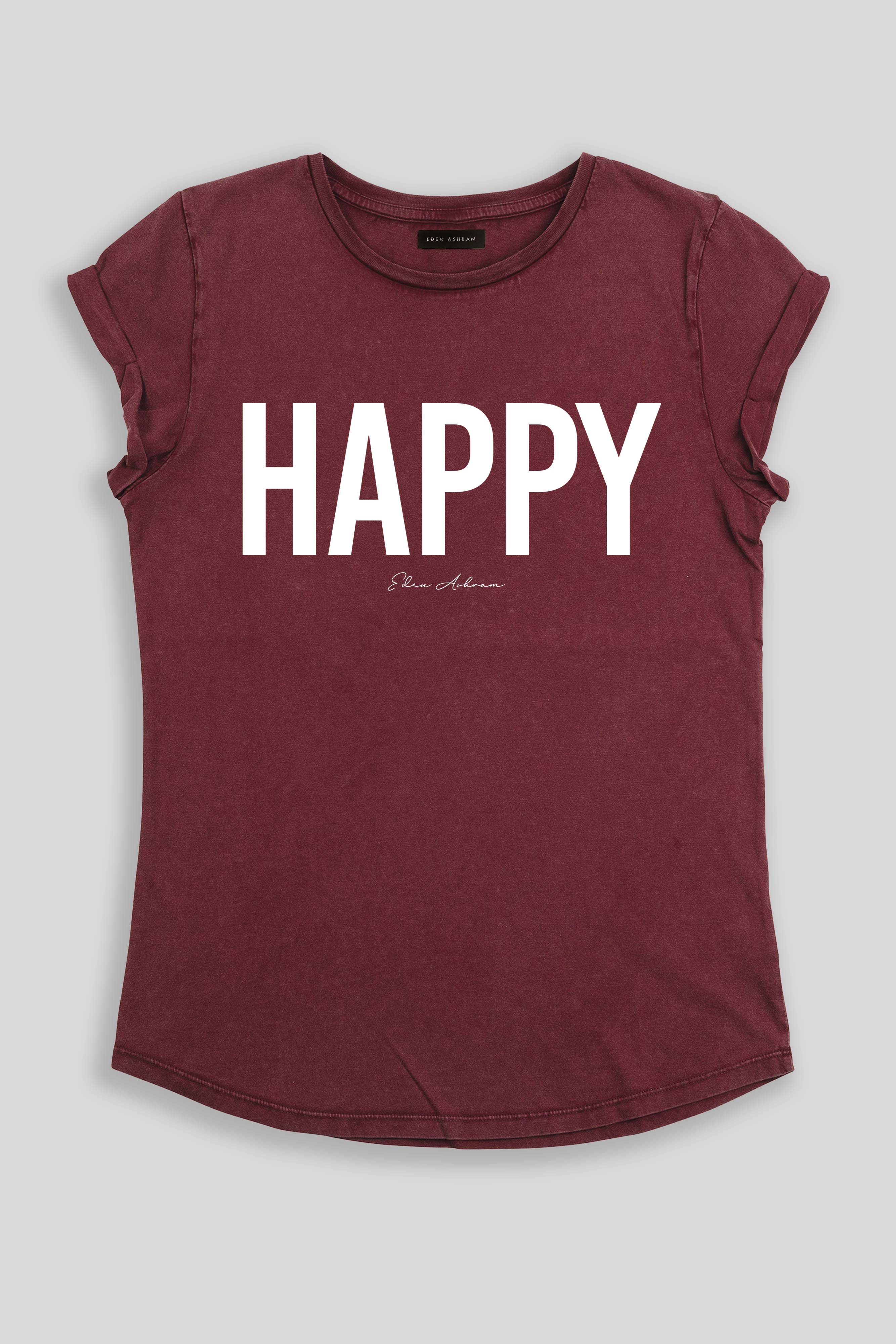 Eden Ashram Happy Premium Rolled Sleeve T-Shirt Stonewash Burgundy