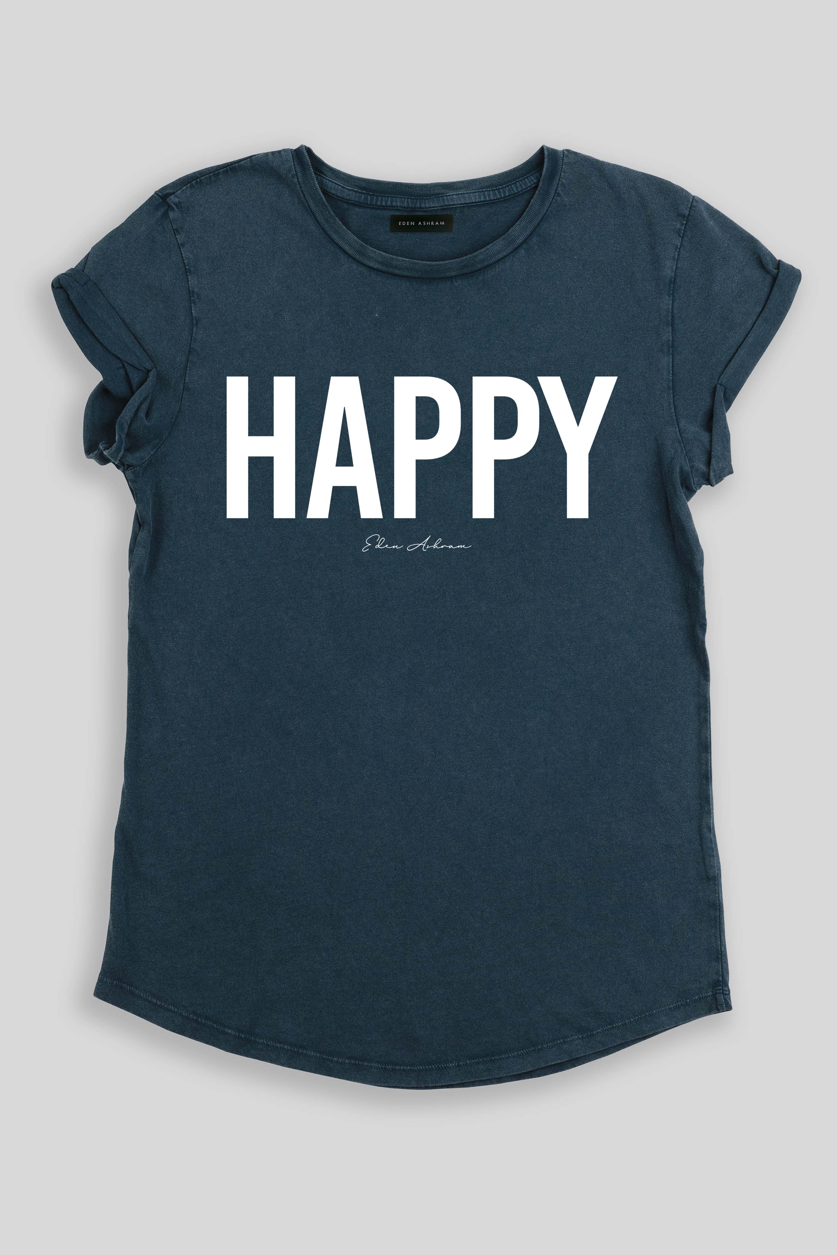 Eden Ashram Happy Premium Rolled Sleeve T-Shirt Stonewash Denim