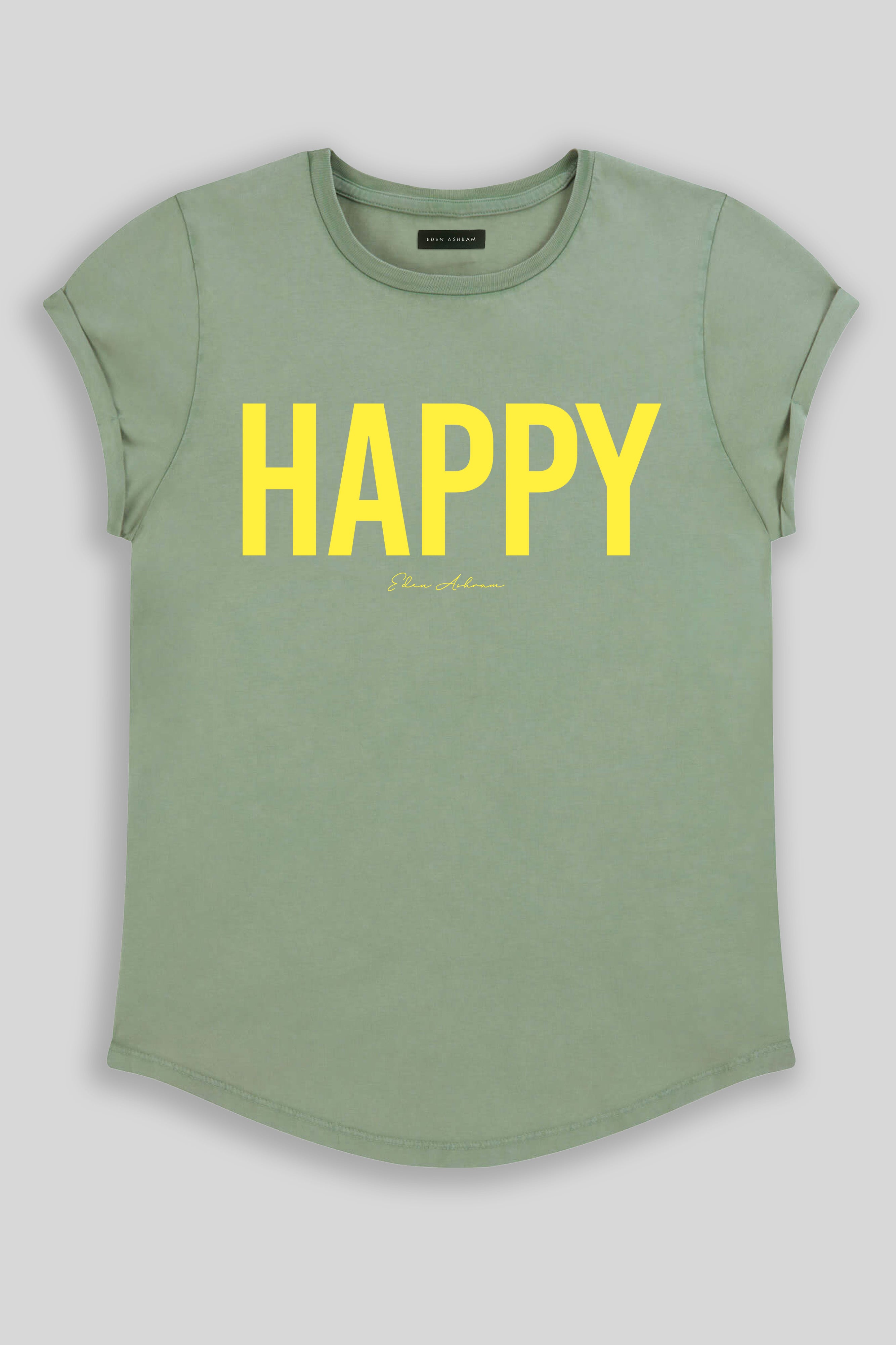 Eden Ashram Happy Premium Rolled Sleeve T-Shirt Stonewash Sage