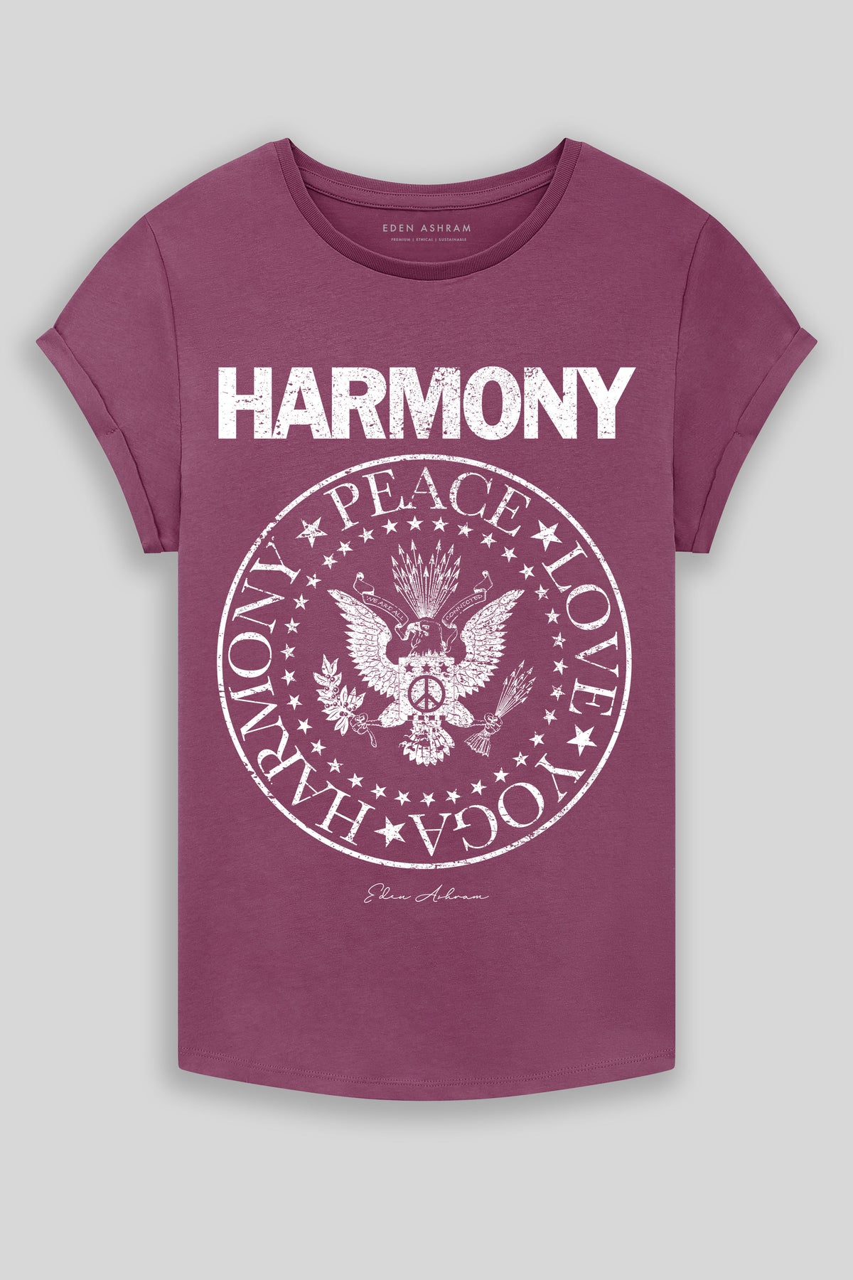 Eden Ashram Harmony Premium Rolled Sleeve Tour T-Shirt Faded Burgundy