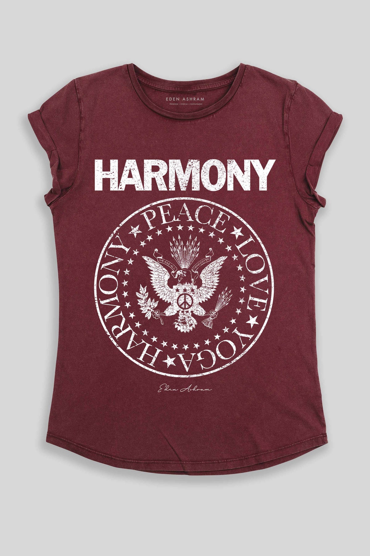 Eden Ashram Harmony Premium Rolled Sleeve Tour T-Shirt Stonewash Burgundy