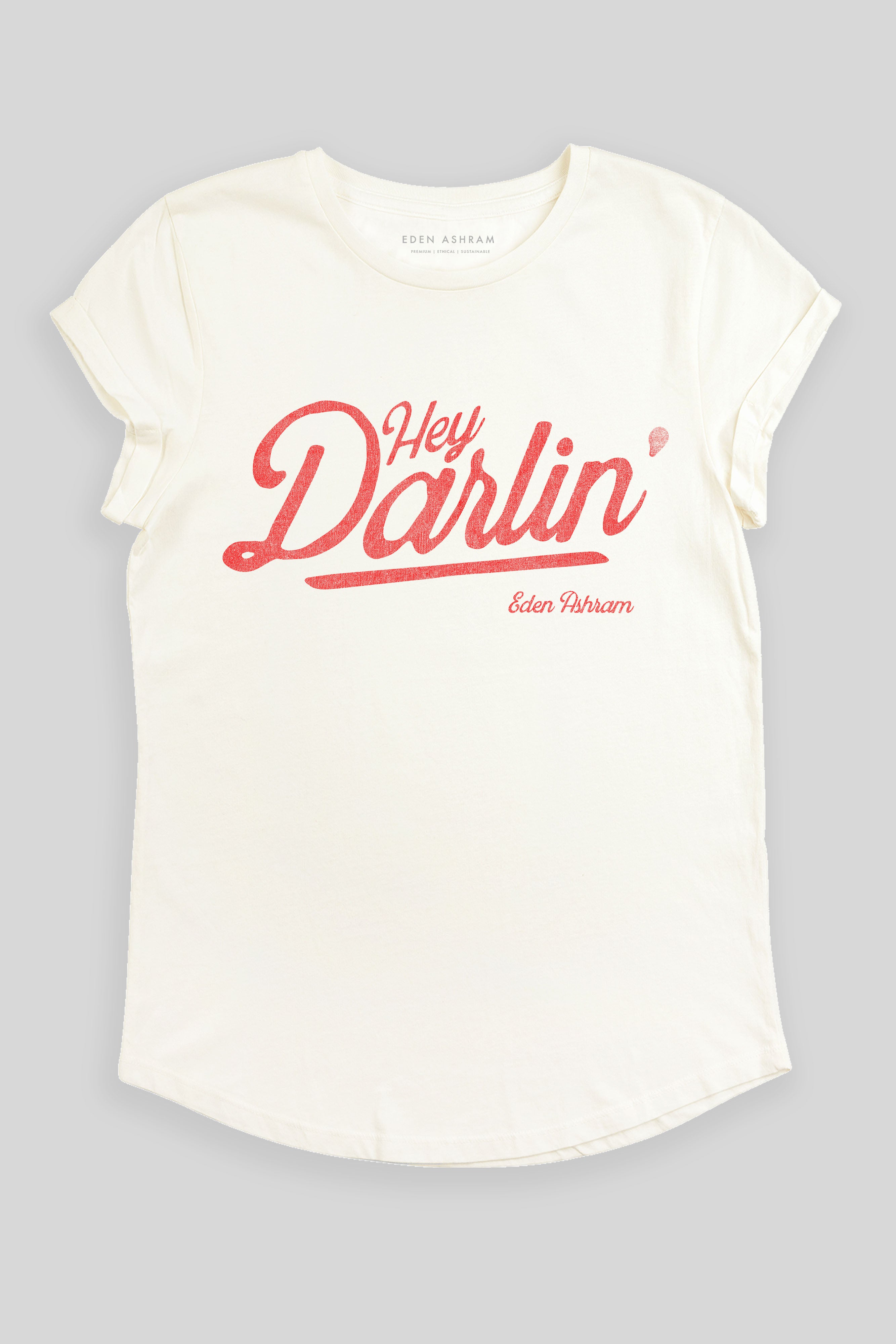 Eden Ashram Hey Darlin' Premium Rolled Sleeve T-Shirt Stonewash White