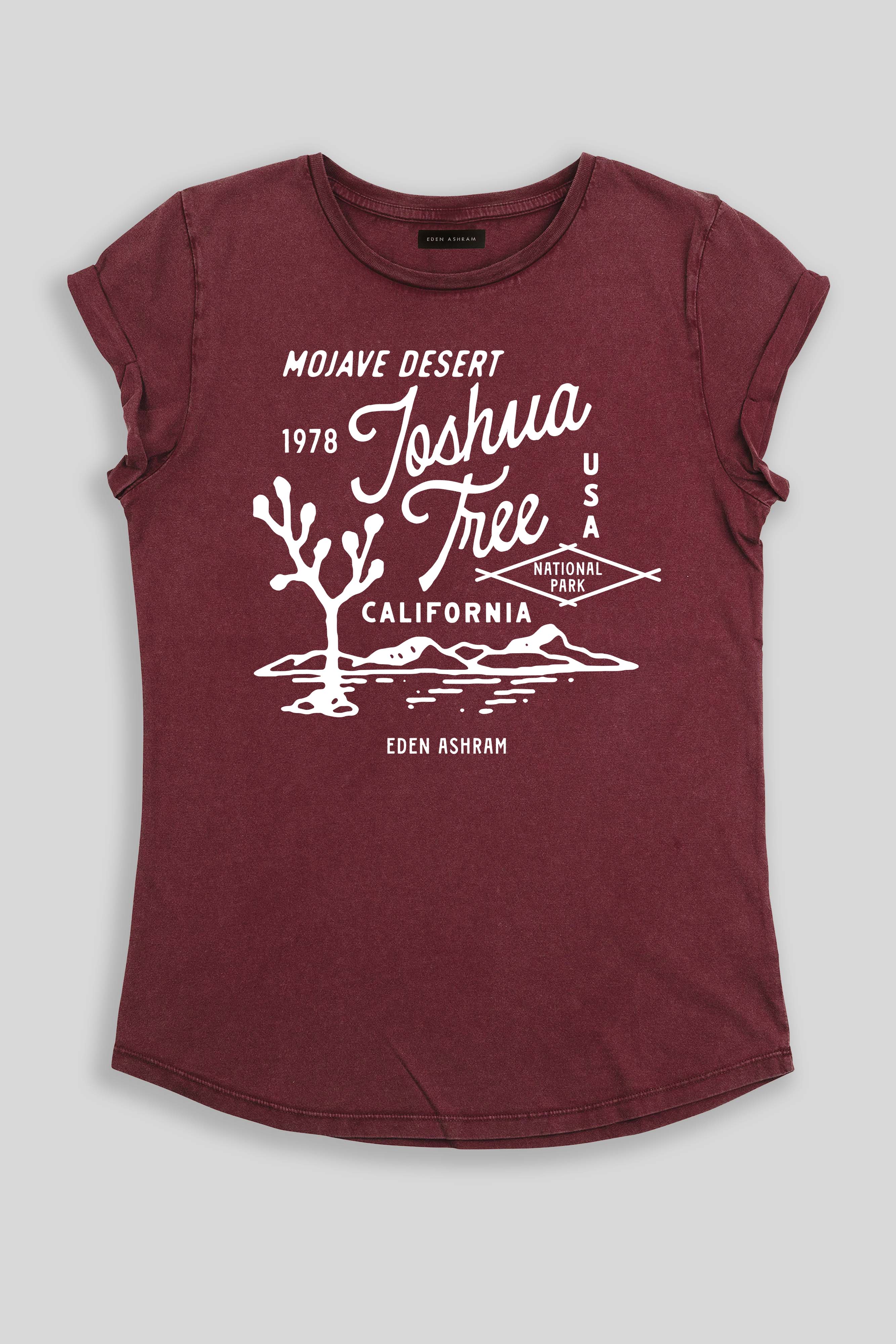 Eden Ashram Joshua Tree Premium Rolled Sleeve T-Shirt Stonewash Burgundy