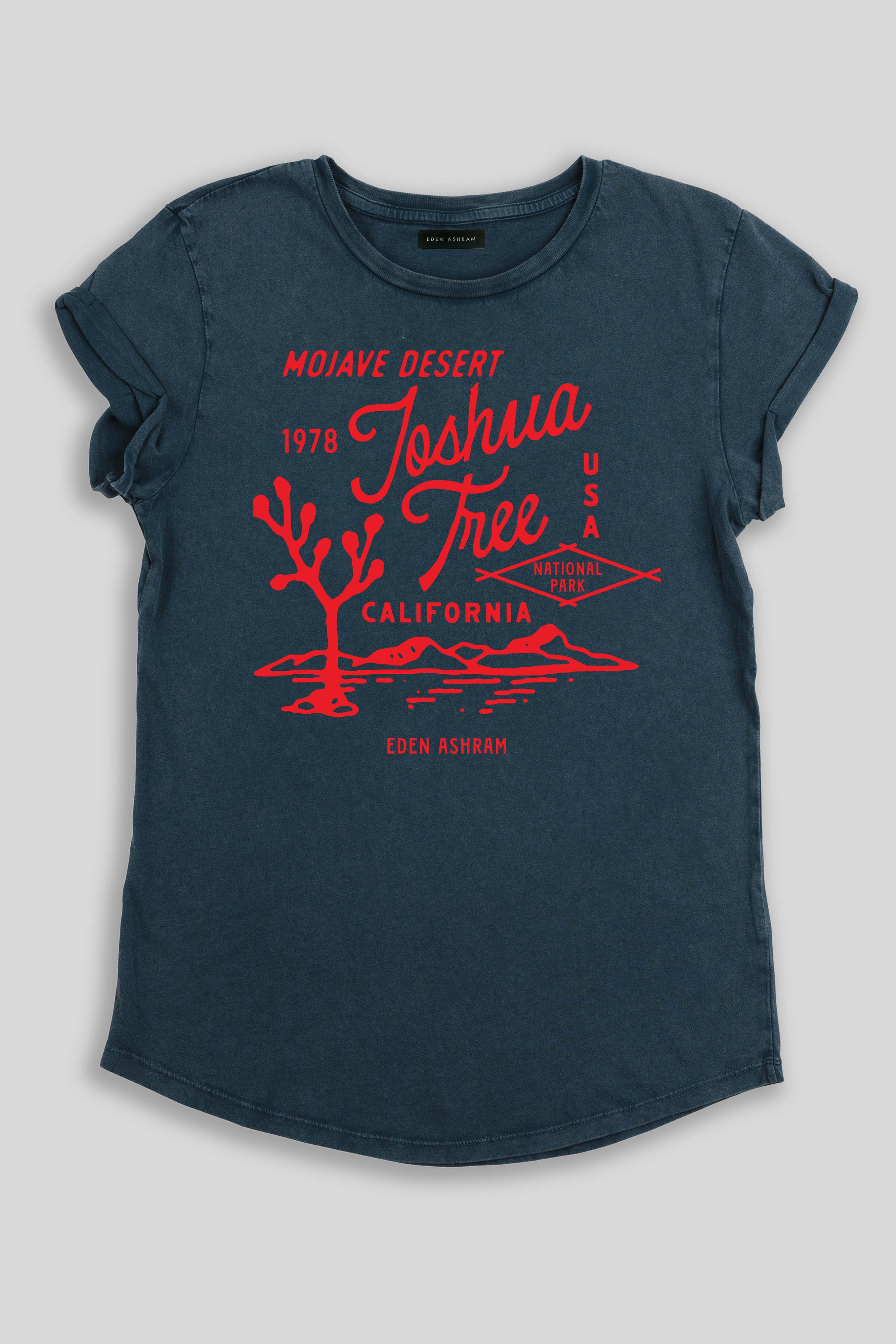 Eden Ashram Joshua Tree Premium Rolled Sleeve T-Shirt Stonewash Denim
