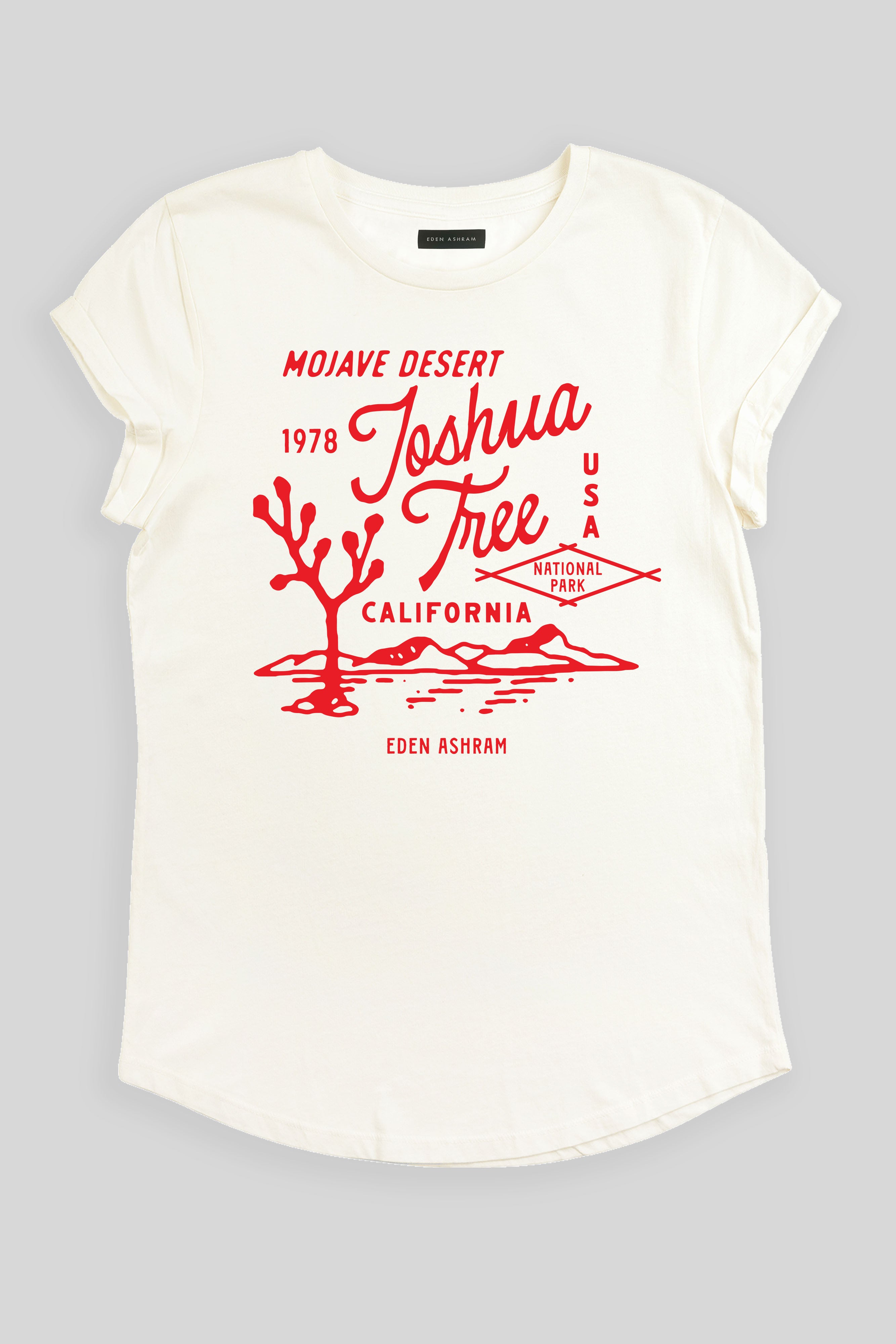Eden Ashram Joshua Tree Premium Rolled Sleeve T-Shirt Stonewash White