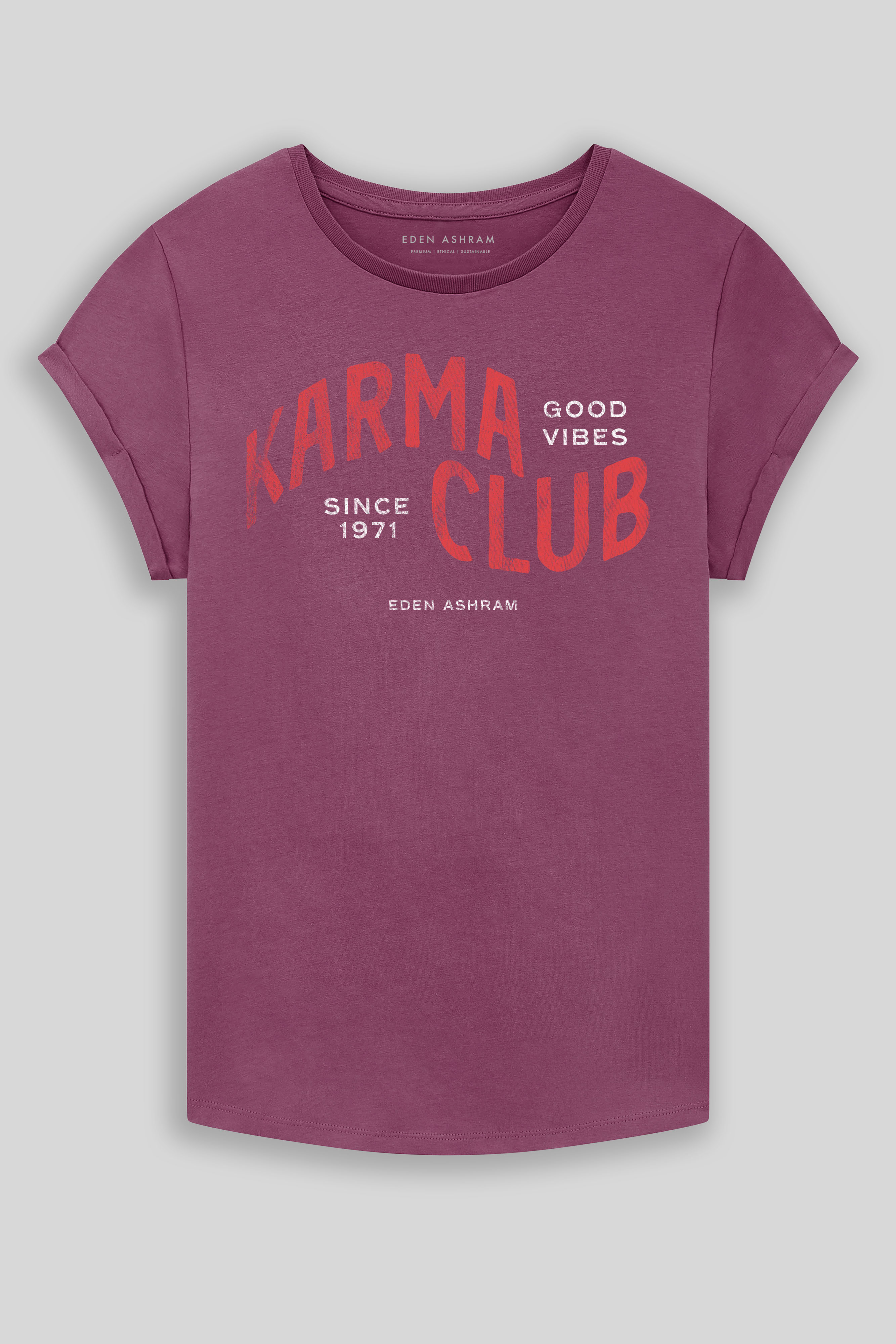 Eden Ashram Karma Club Premium Rolled Sleeve T-Shirt Faded Burgundy