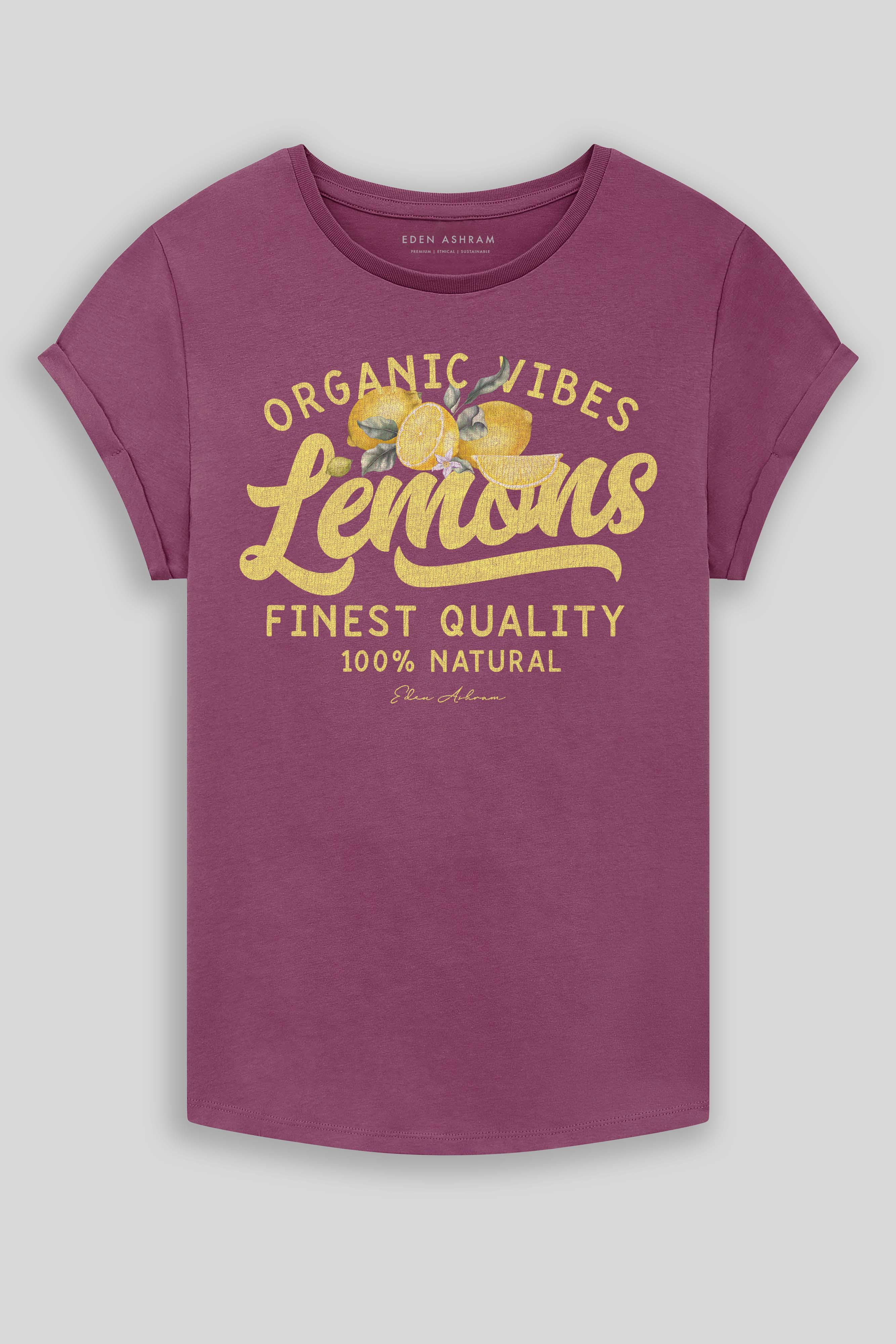 Eden Ashram Lemons Premium Rolled Sleeve T-Shirt Faded Burgundy